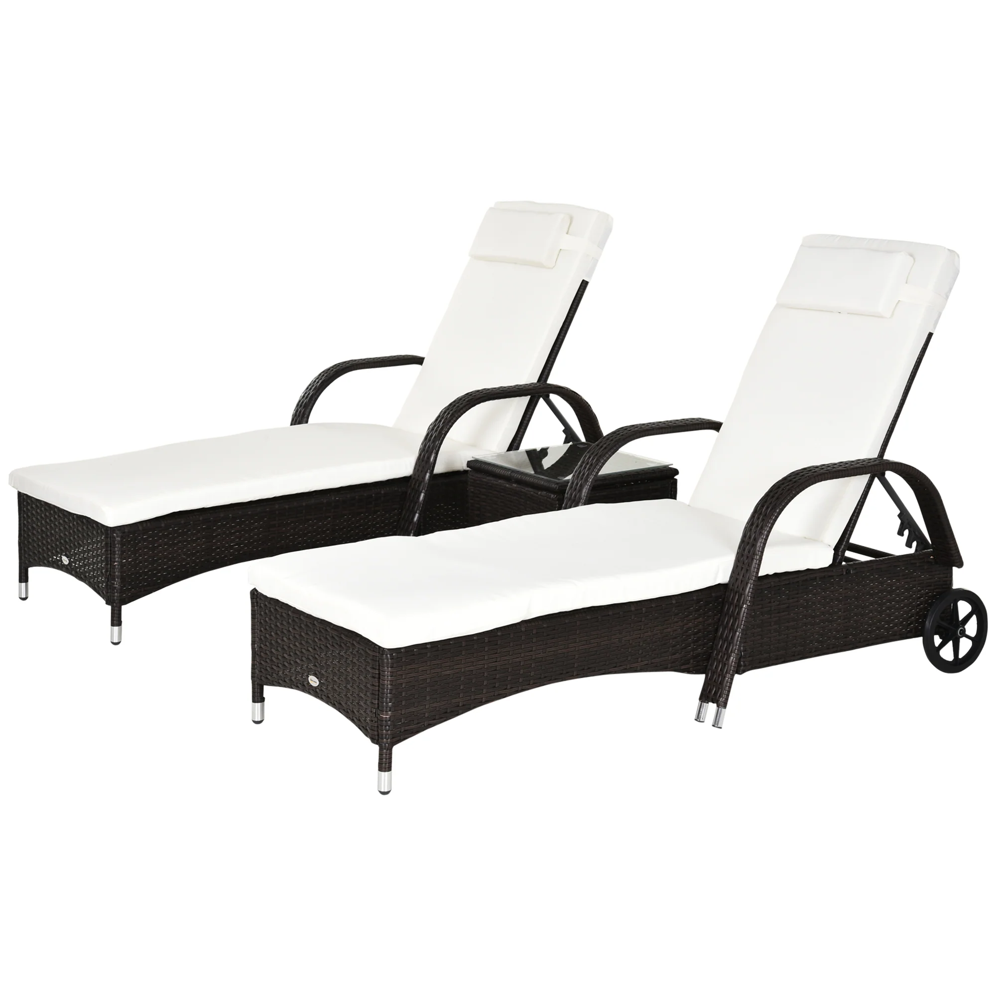 3 Pieces Wicker Patio Lounger Set with 5-Level Backrest, Table & Wheels, Cream White - Image 2