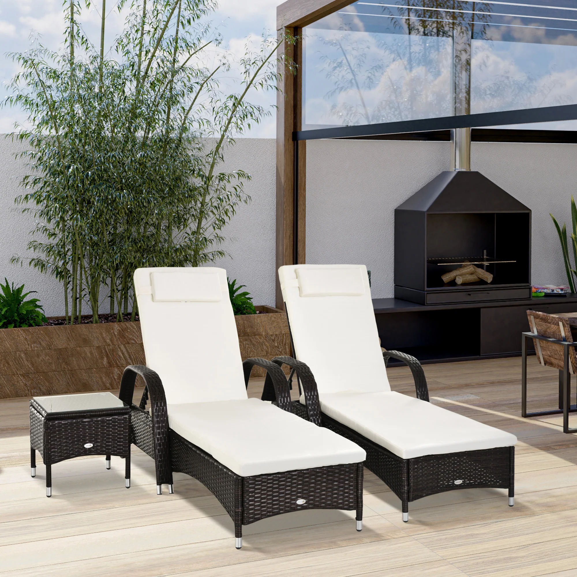 3 Pieces Wicker Patio Lounger Set with 5-Level Backrest, Table & Wheels, Cream White - Image 4