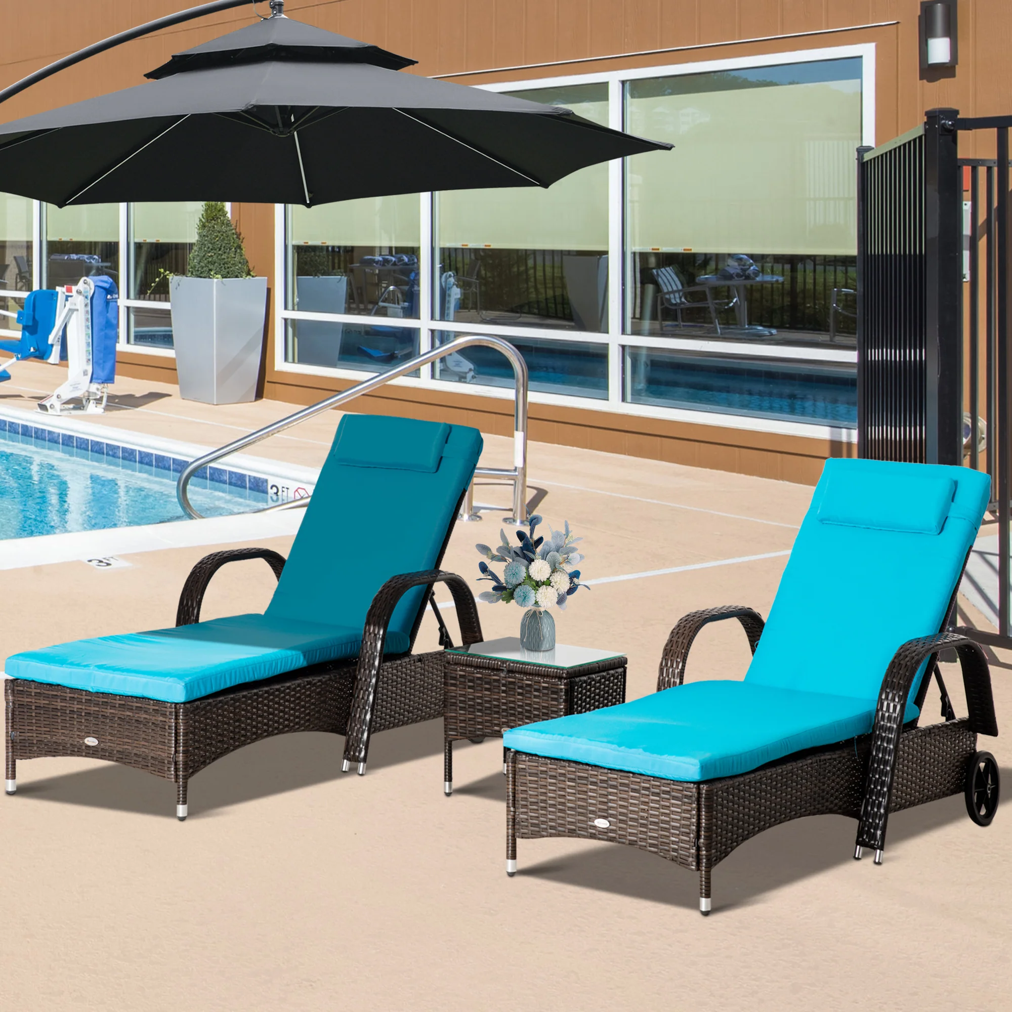 3 Pieces Wicker Patio Lounger Set with 5-Level Backrest, Table & Wheels, Blue - Image 3