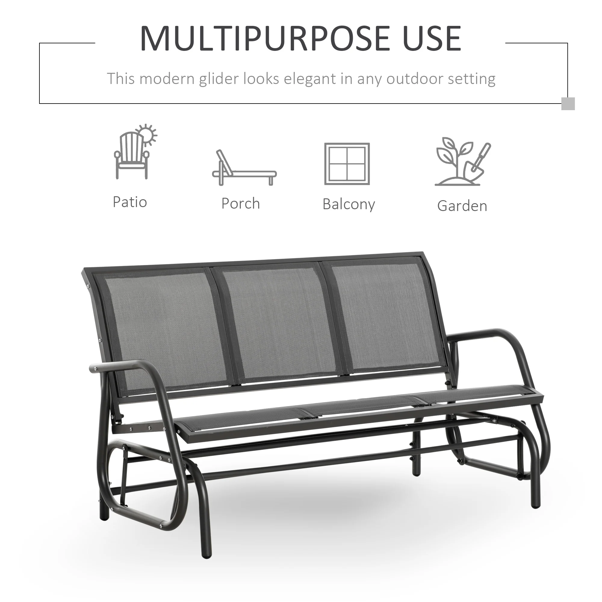 3-Seat Glider Rocking Chair for 3 People Garden Bench Patio Furniture Metal Frame, Grey - Image 7