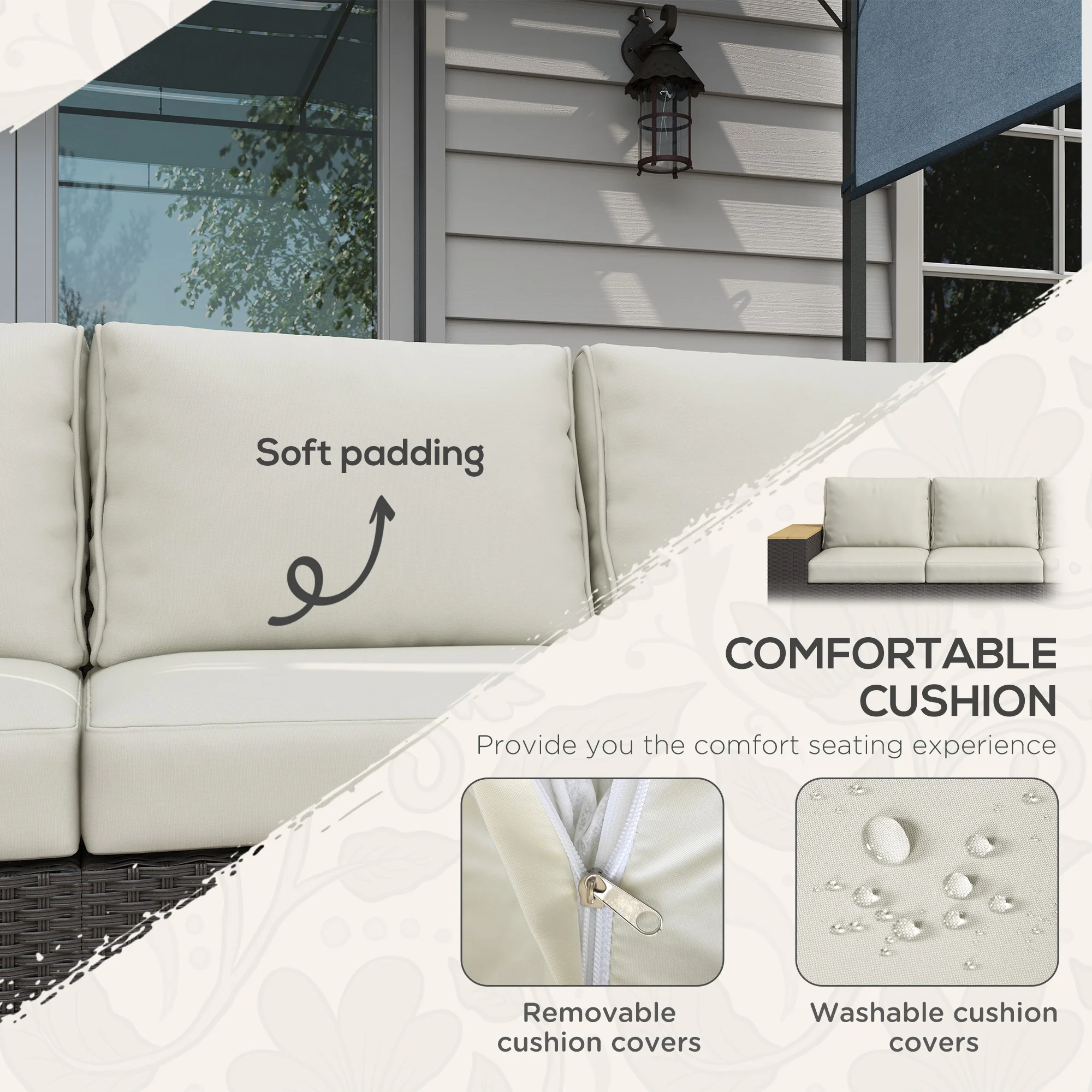 3-Seat Outdoor PE Rattan Couch with Wood Grain Armrests & Cushion for Porch, Cream White - Image 6
