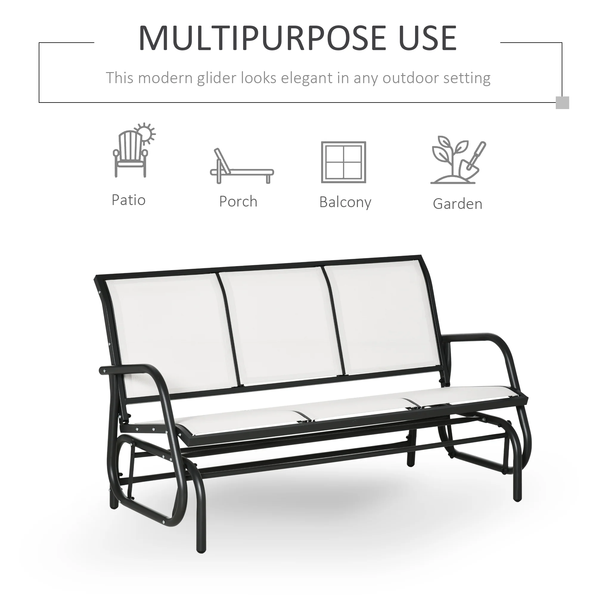 3-Seat Outdoor Patio Rocking Chair w/ Steel Frame & Sling Fabric Seat for Lawn, Cream White - Image 7