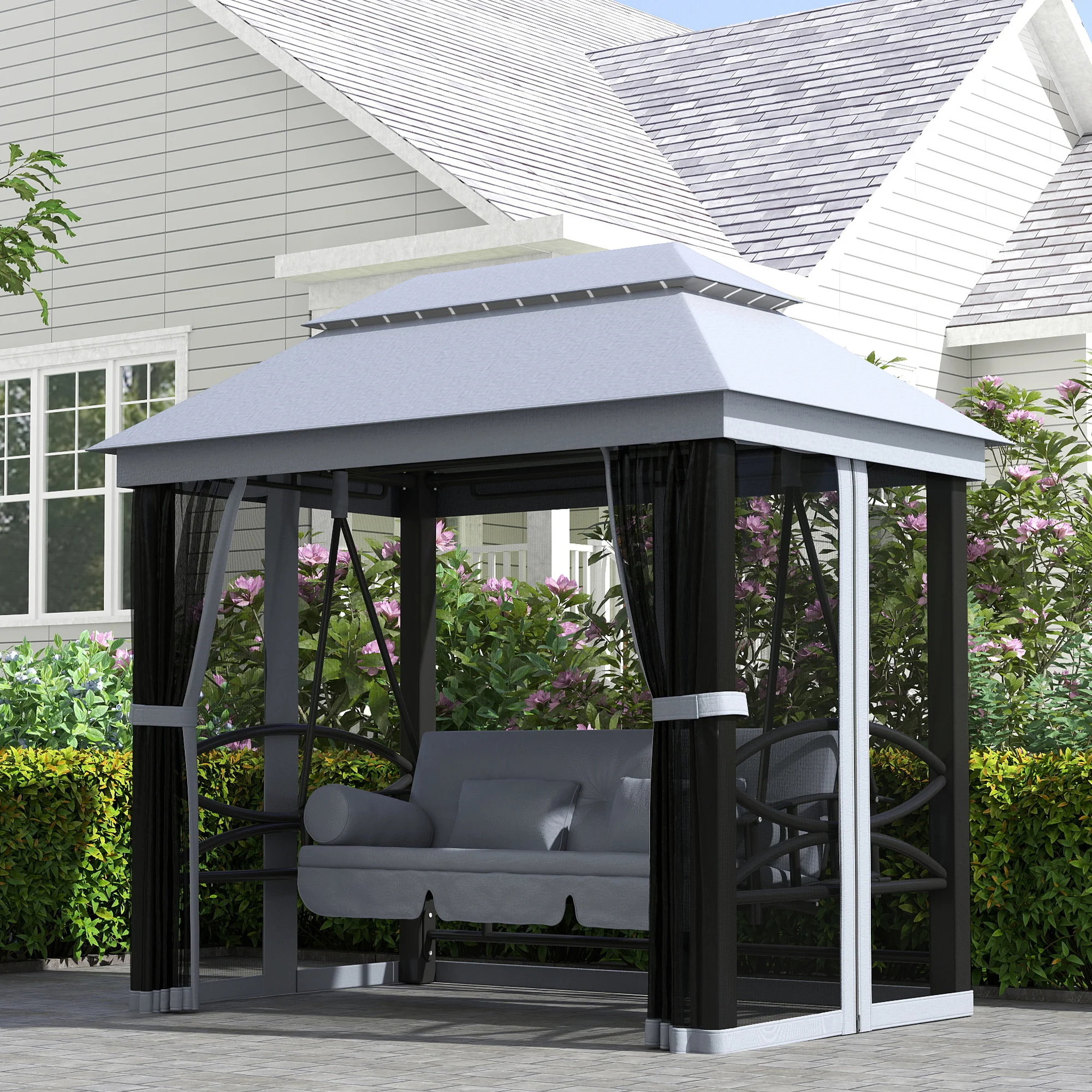 3-Seat Patio Swing Chair, Outdoor Gazebo Swing with Double Tier Canopy, Mesh Sidewalls, Cushioned Seat and Pillows, Gray - Image 4