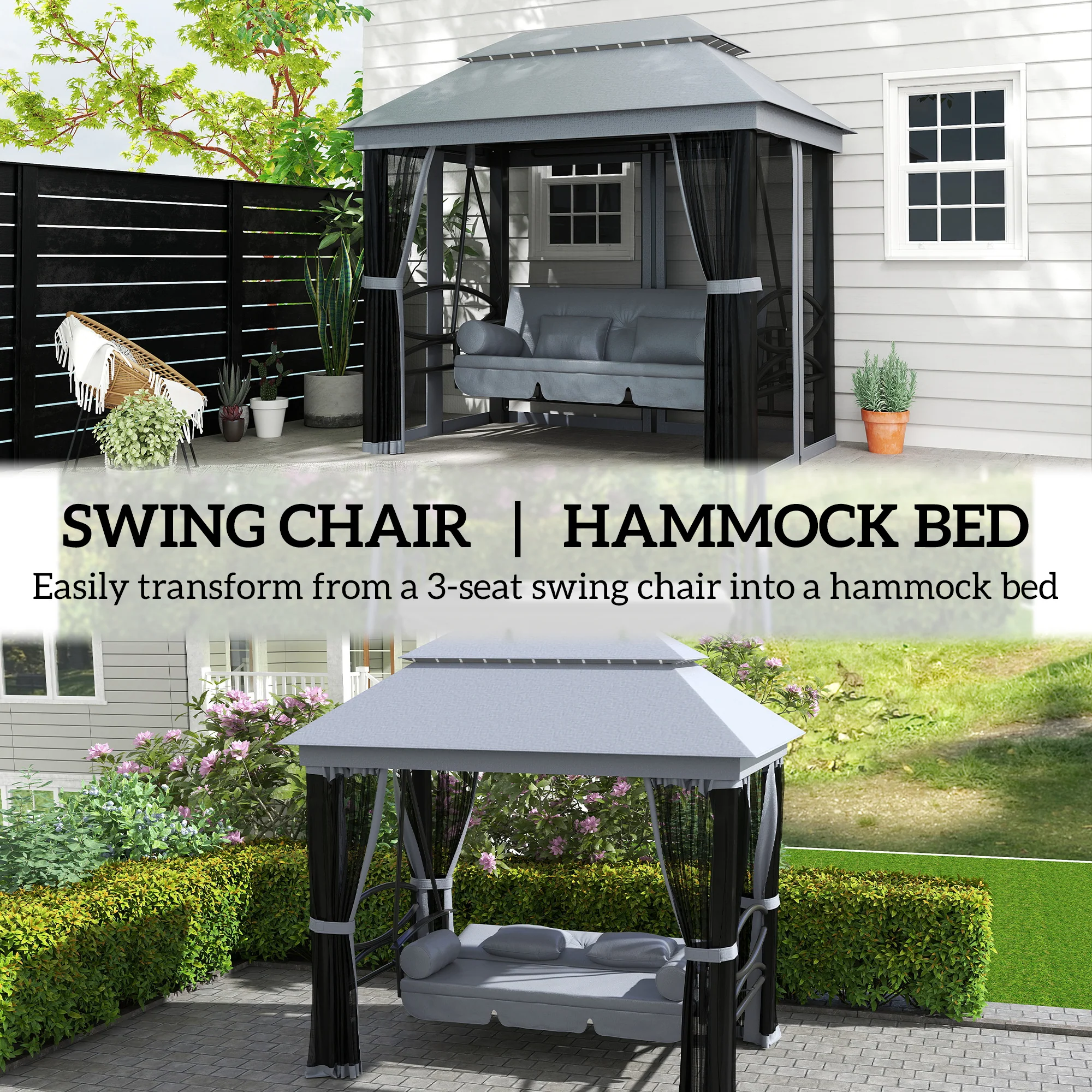 3-Seat Patio Swing Chair, Outdoor Gazebo Swing with Double Tier Canopy, Mesh Sidewalls, Cushioned Seat and Pillows, Gray - Image 6