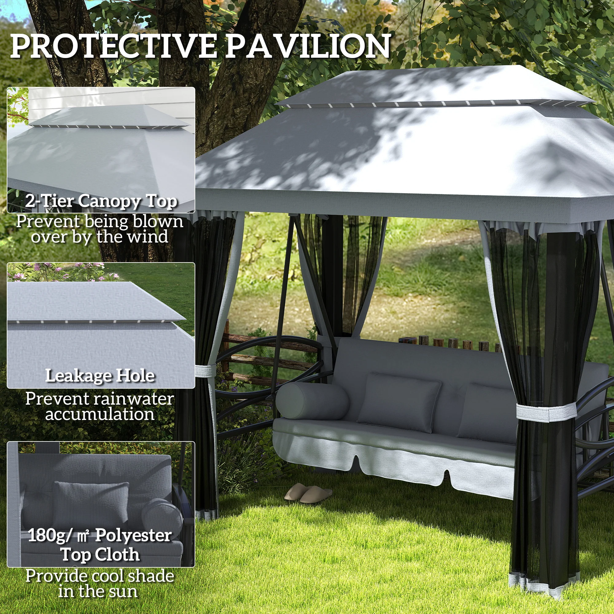 3-Seat Patio Swing Chair, Outdoor Gazebo Swing with Double Tier Canopy, Mesh Sidewalls, Cushioned Seat and Pillows, Gray - Image 7