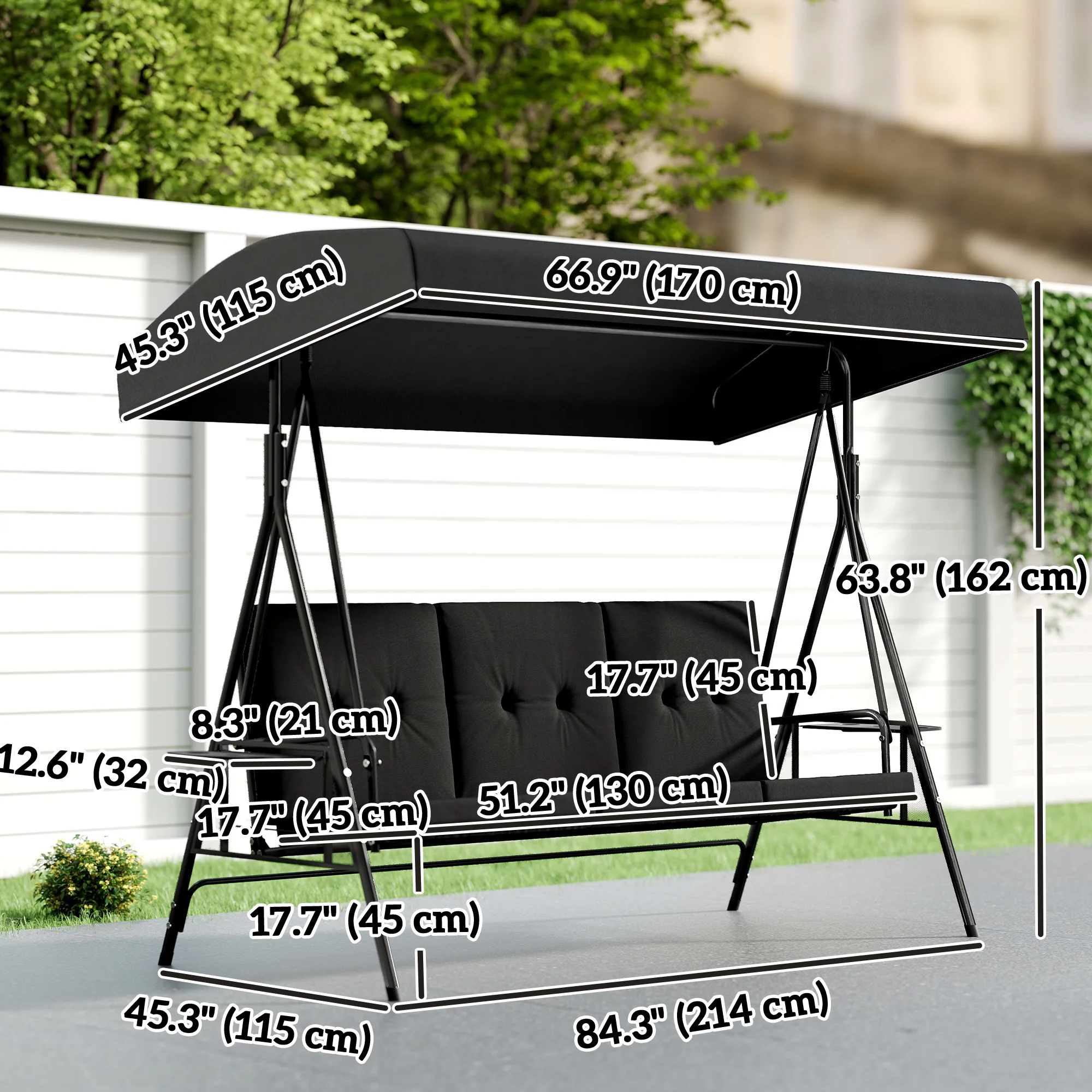 3-Seat Patio Swing Chair, Outdoor Porch Swing Glider with Adjustable Canopy, Side Tray, Removable Cushion, Steel Frame, Breathable Mesh Seat for Garden, Poolside, Black - Image 5