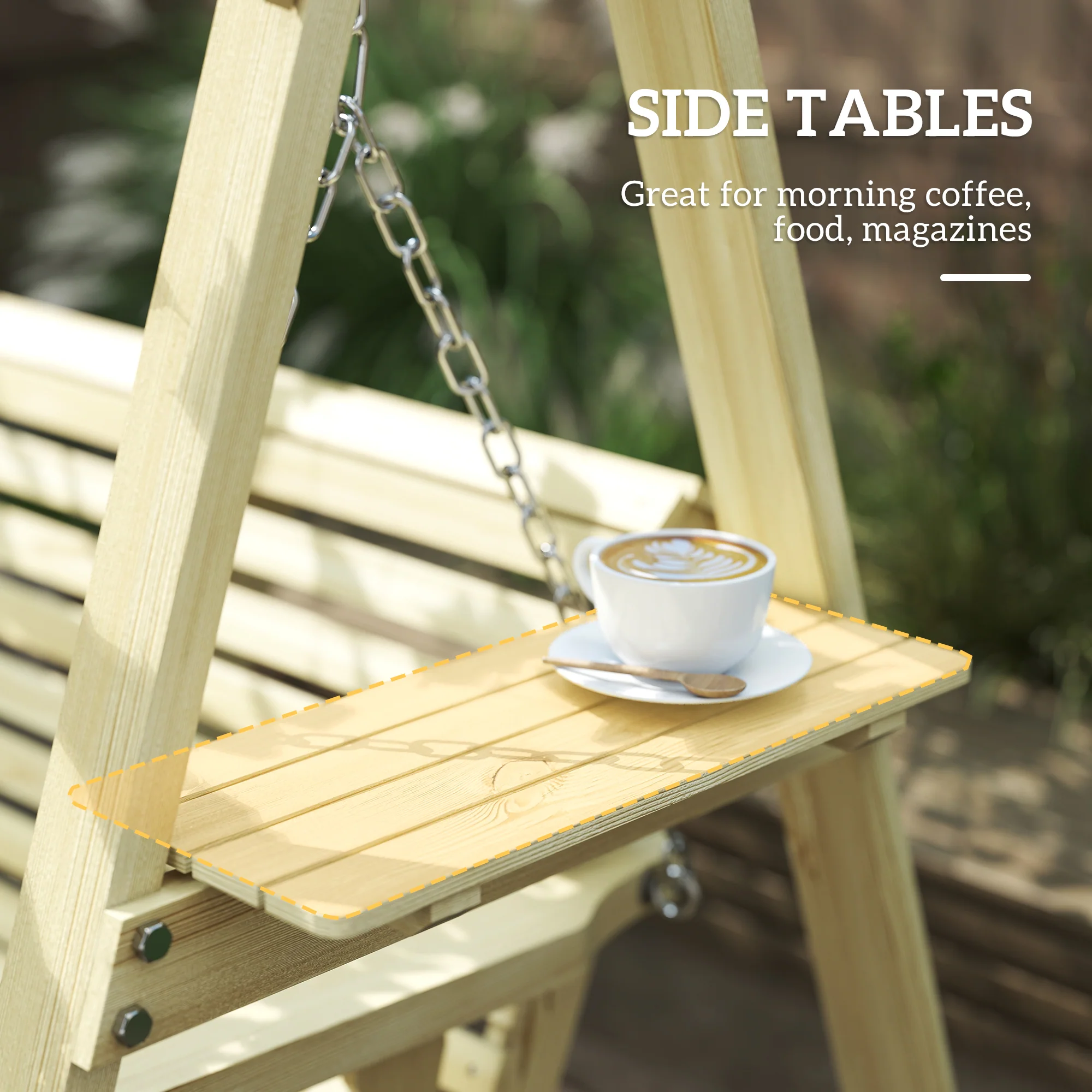 3 Seat Wooden Porch Swing with Stand, Patio Swing with Side Tables, for Garden, Poolside, Backyard, Natural Wood - Image 7