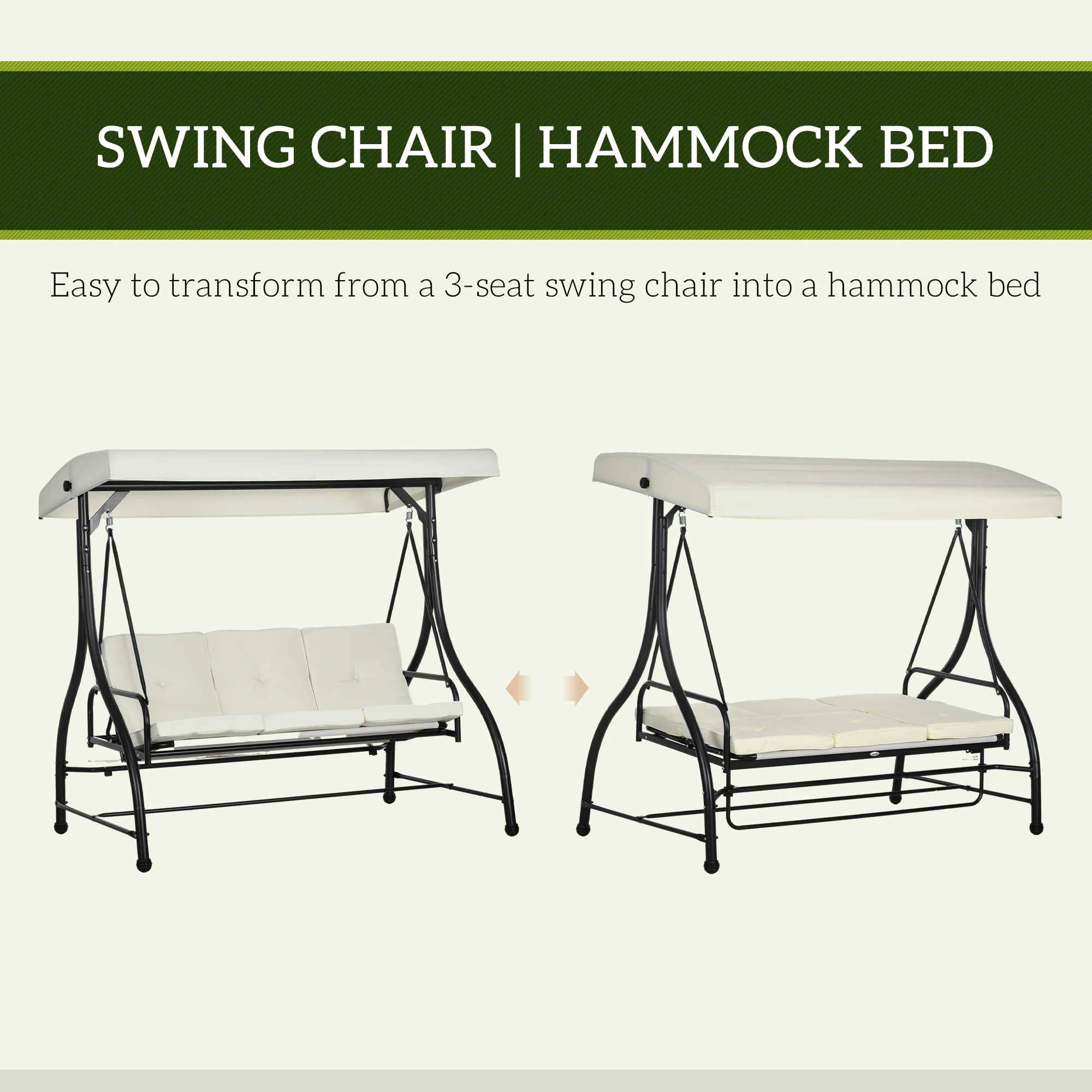 3 Seater Canopy Swing Chair with Adjustable Canopy and Metal Frame, Cream White - Image 7