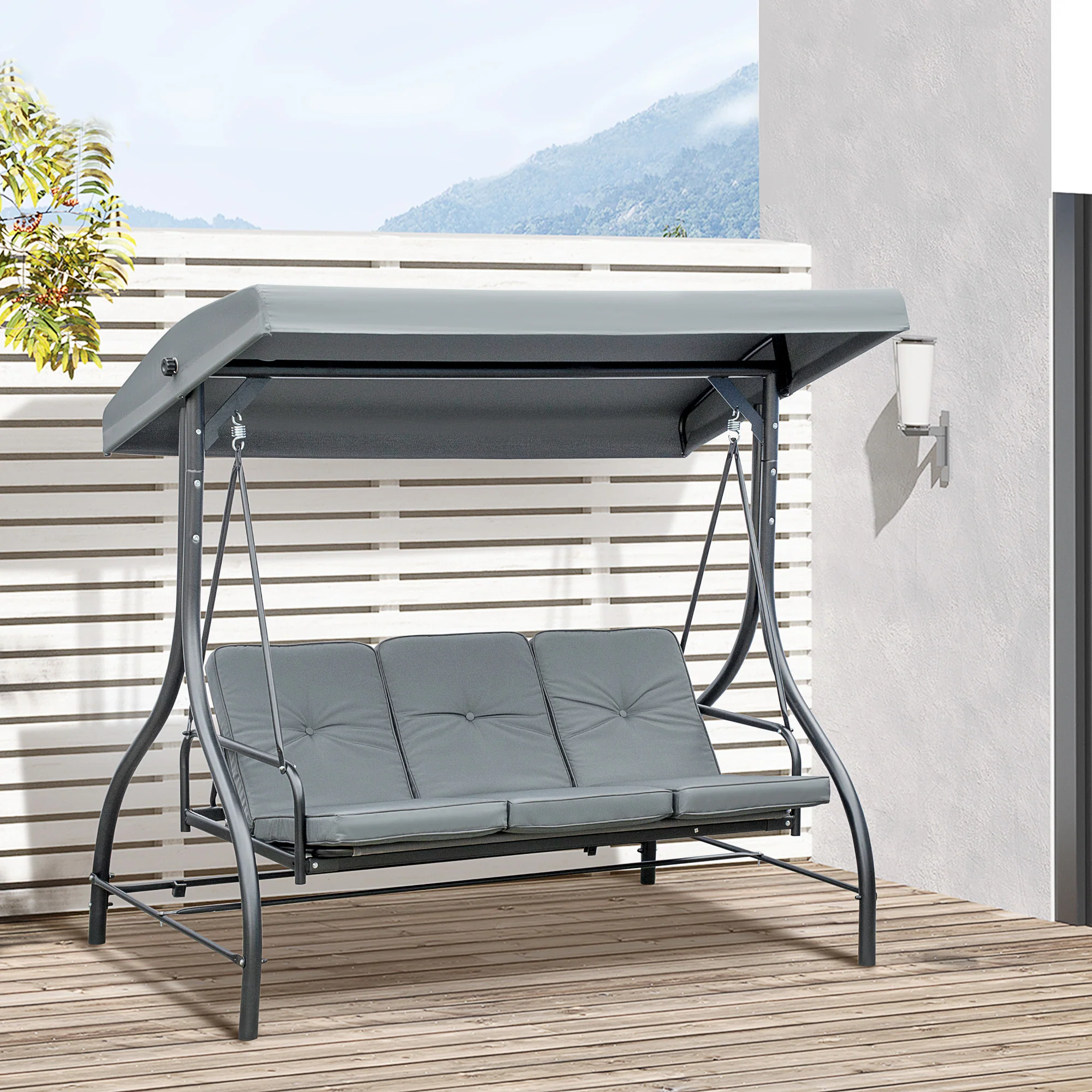 3 Seater Canopy Swing Chair with Adjustable Canopy and Metal Frame, Dark Grey - Image 4