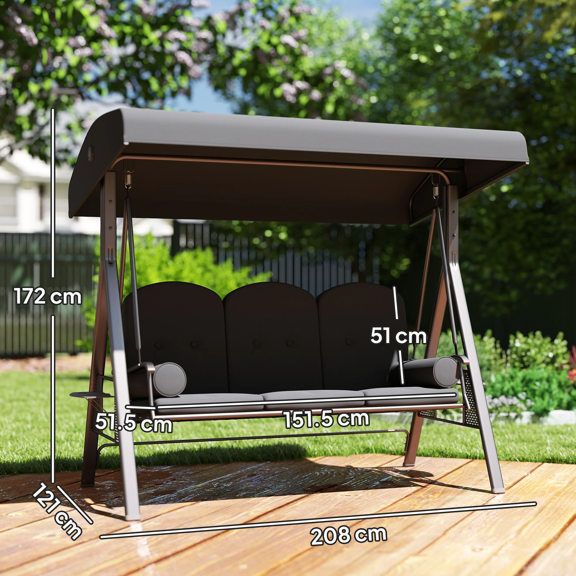 3 Seater Canopy Swing Chair, Outdoor Garden Swing Seat with Adjustable Canopy, Cushions and Cup Trays, Steel Frame, Dark Grey - Image 5