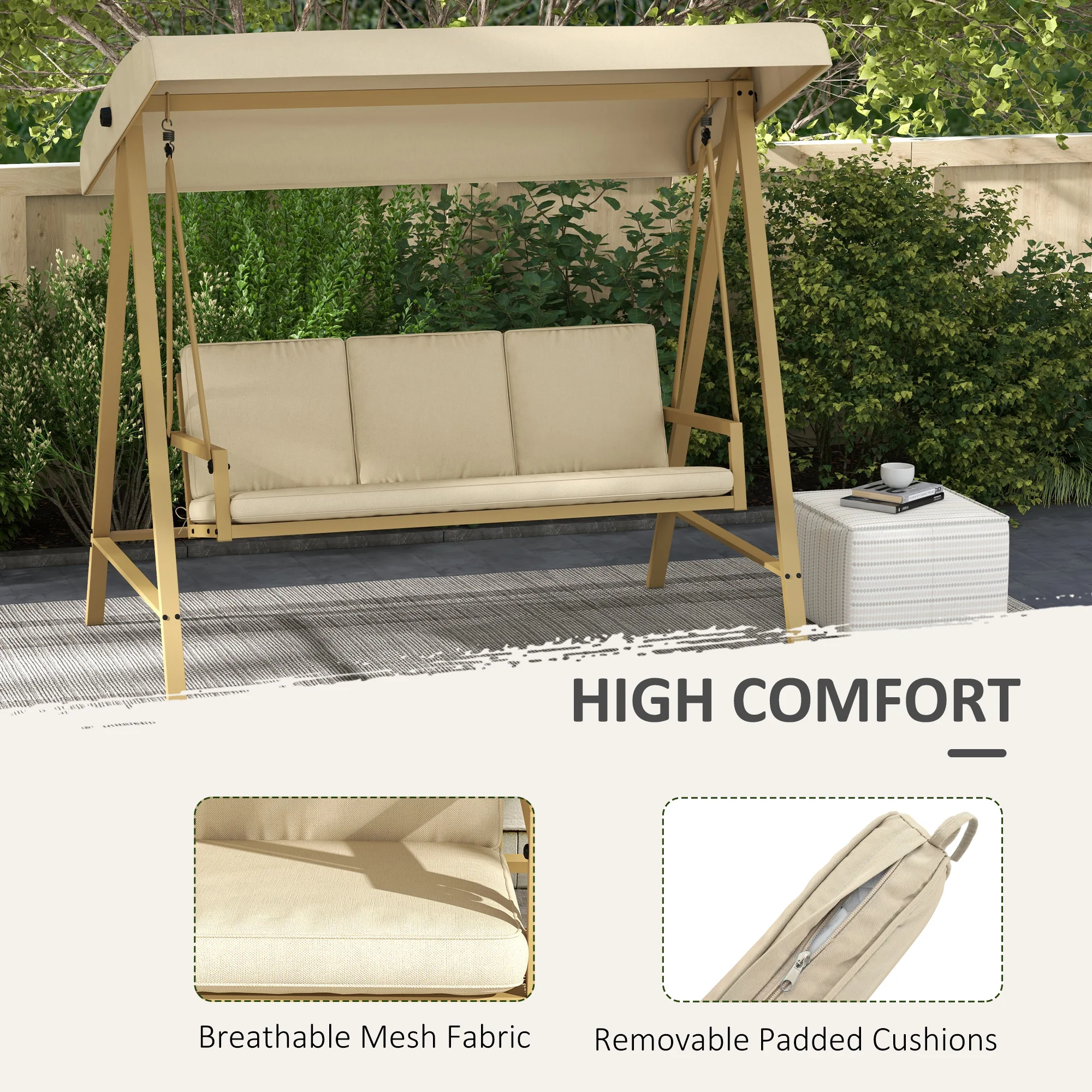3 Seater Garden Swing Chair with Adjustable Canopy and Removable Cushions, Beige - Image 7