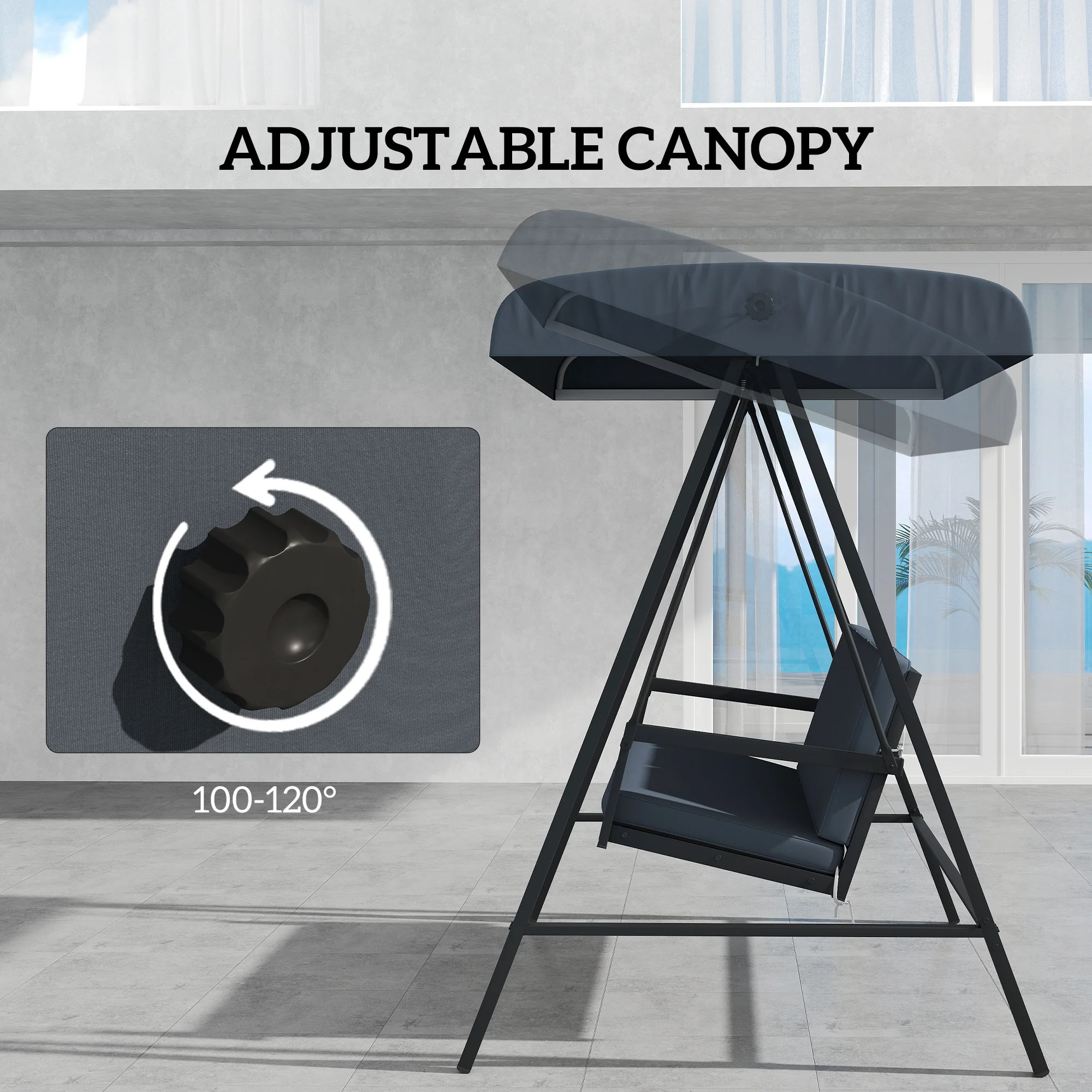3 Seater Garden Swing Chair with Adjustable Canopy and Removable Cushions, Dark Grey - Image 8