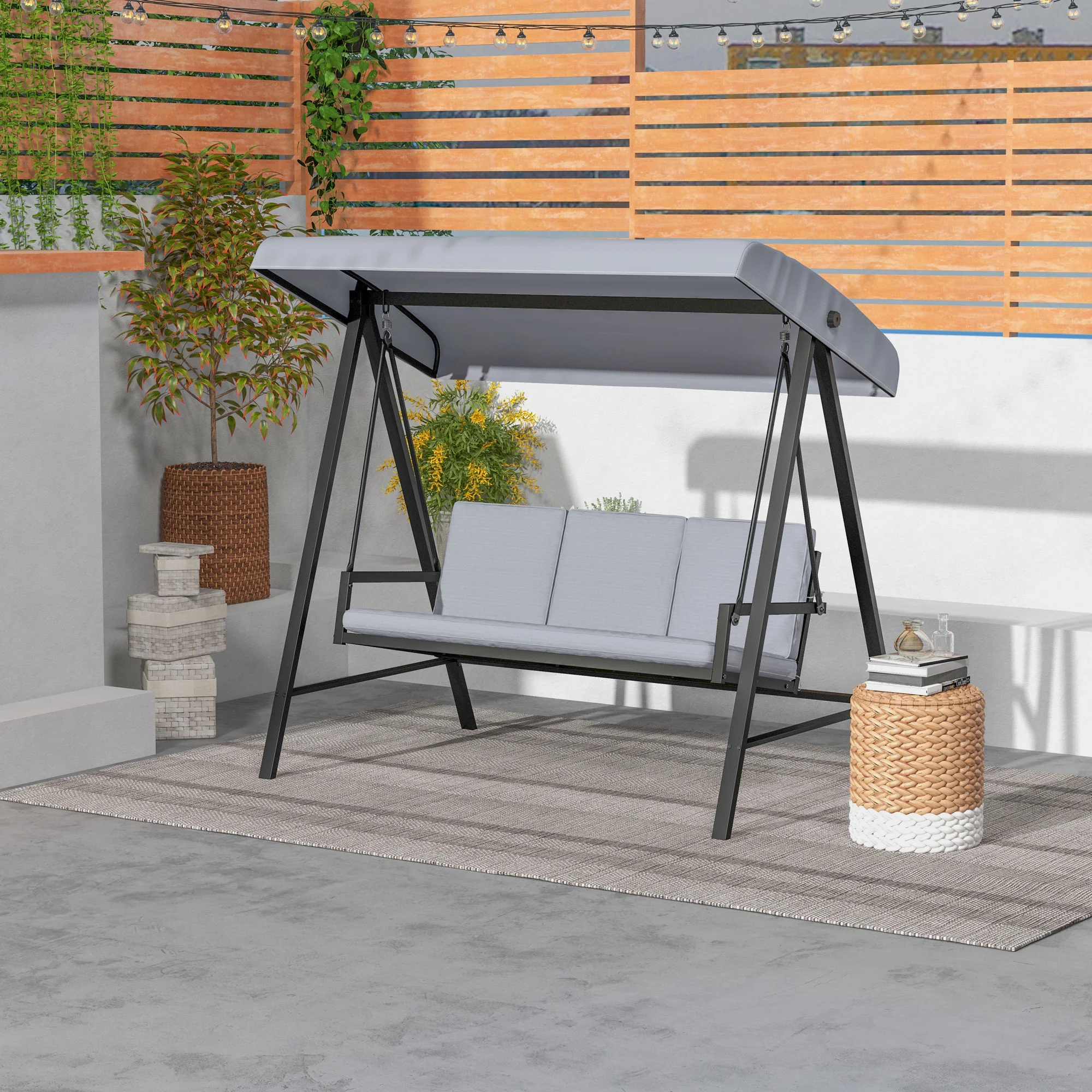 3 Seater Garden Swing Chair with Adjustable Canopy and Removable Cushions, Grey - Image 4