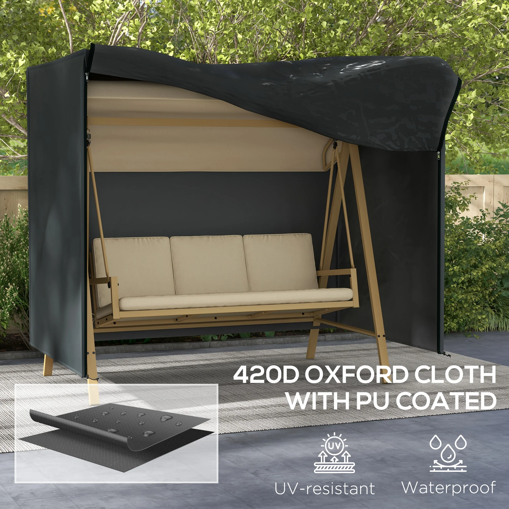 3-Seater 420D Garden Swing Chair Protective Cover, Water UV Resistant, 220 x 125 x 172cm, Black - Image 7