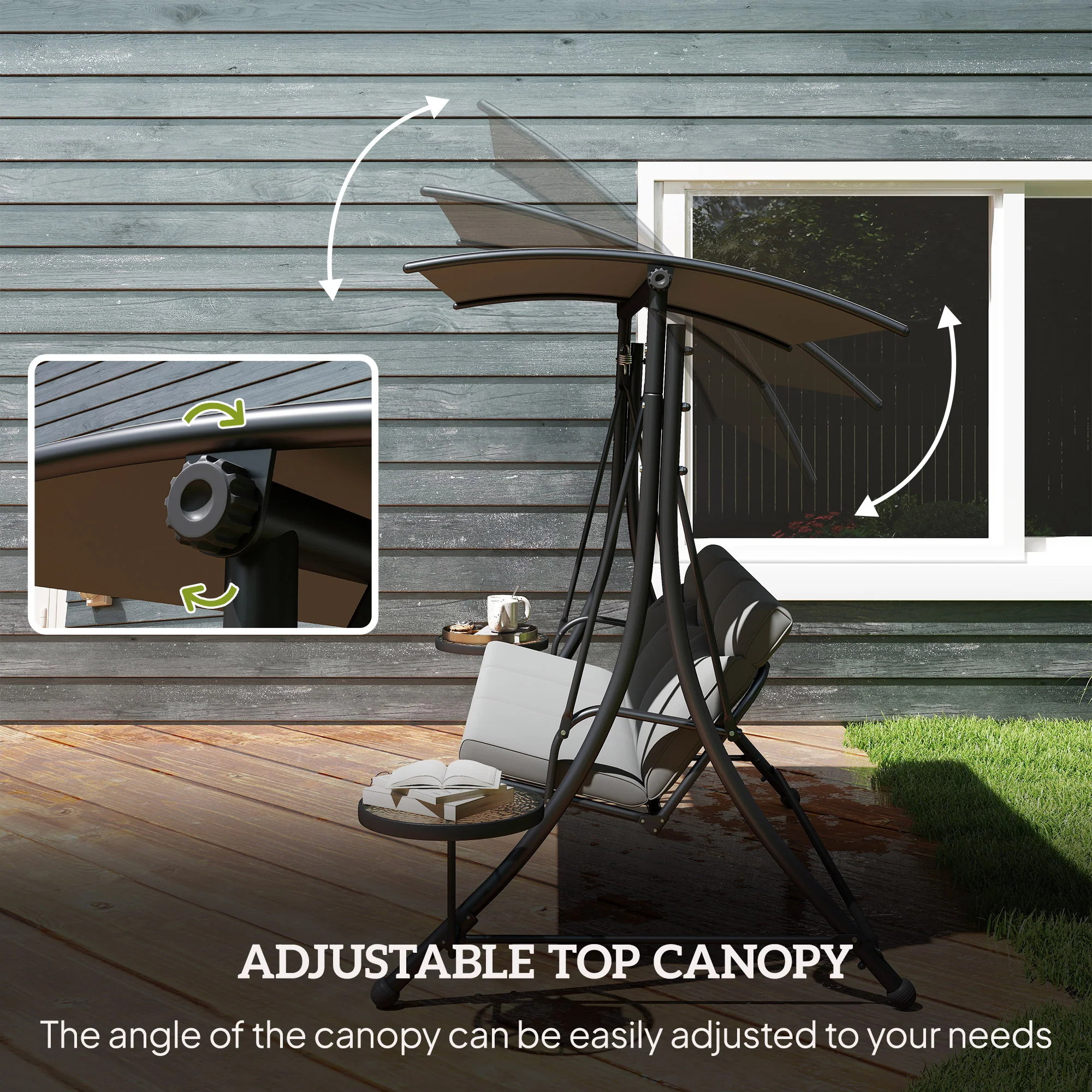 3 Seater Garden Swing Seat Swing Chair with Adjustable Canopy, Removable Cushion and Coffee Tables for Outdoor Patio Garden Dark Grey - Image 6
