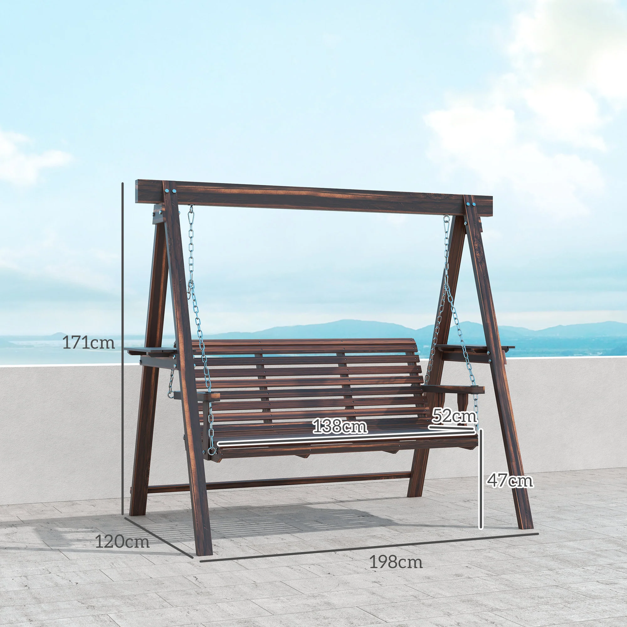 3 Seater Garden Wooden Swing Chair with Side Tables and Metal Chains, Carbonised Brown - Image 5
