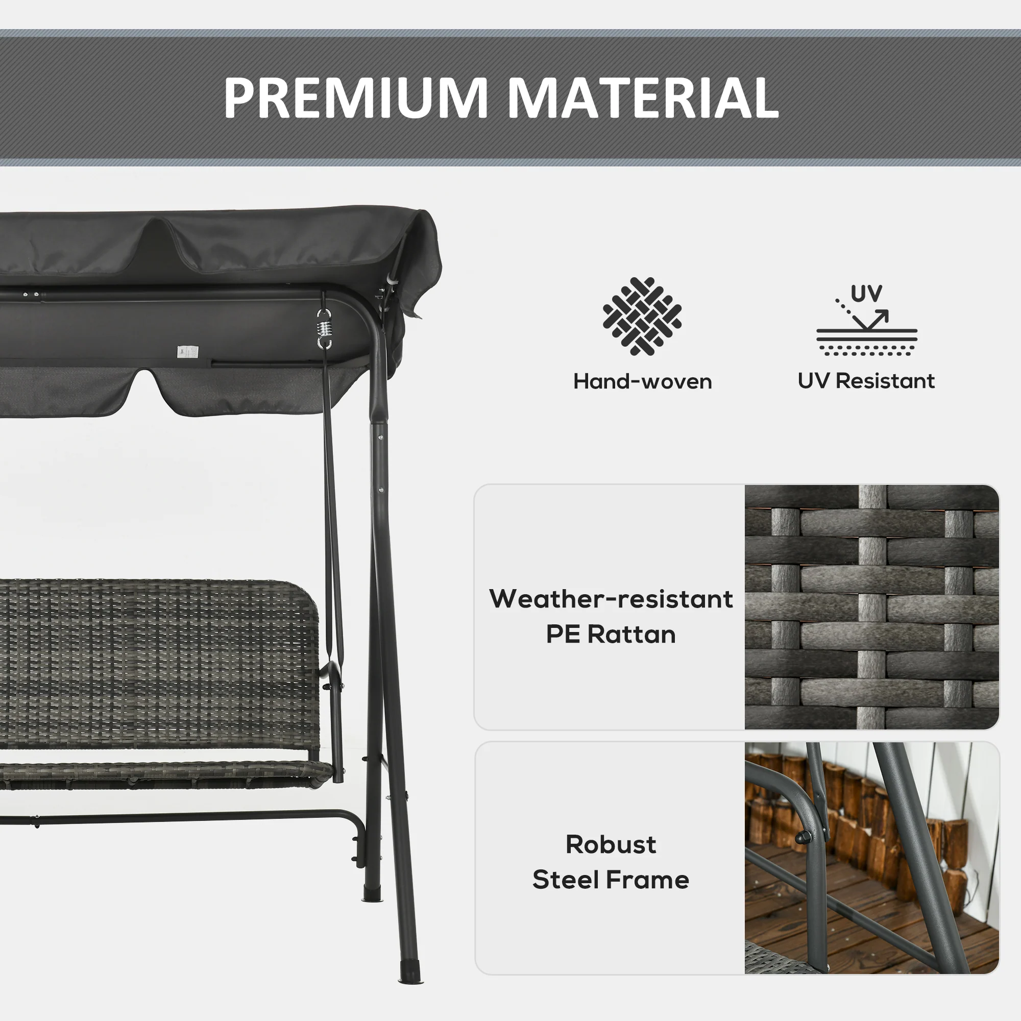 3 Seater Patio Rattan Swing Bench with Steel Frame Stand & Adjustable Canopy, Grey - Image 6