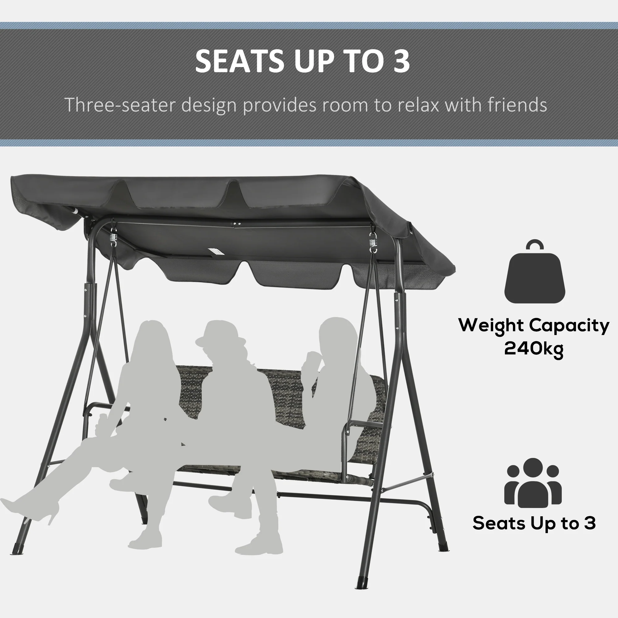 3 Seater Patio Rattan Swing Bench with Steel Frame Stand & Adjustable Canopy, Grey - Image 7