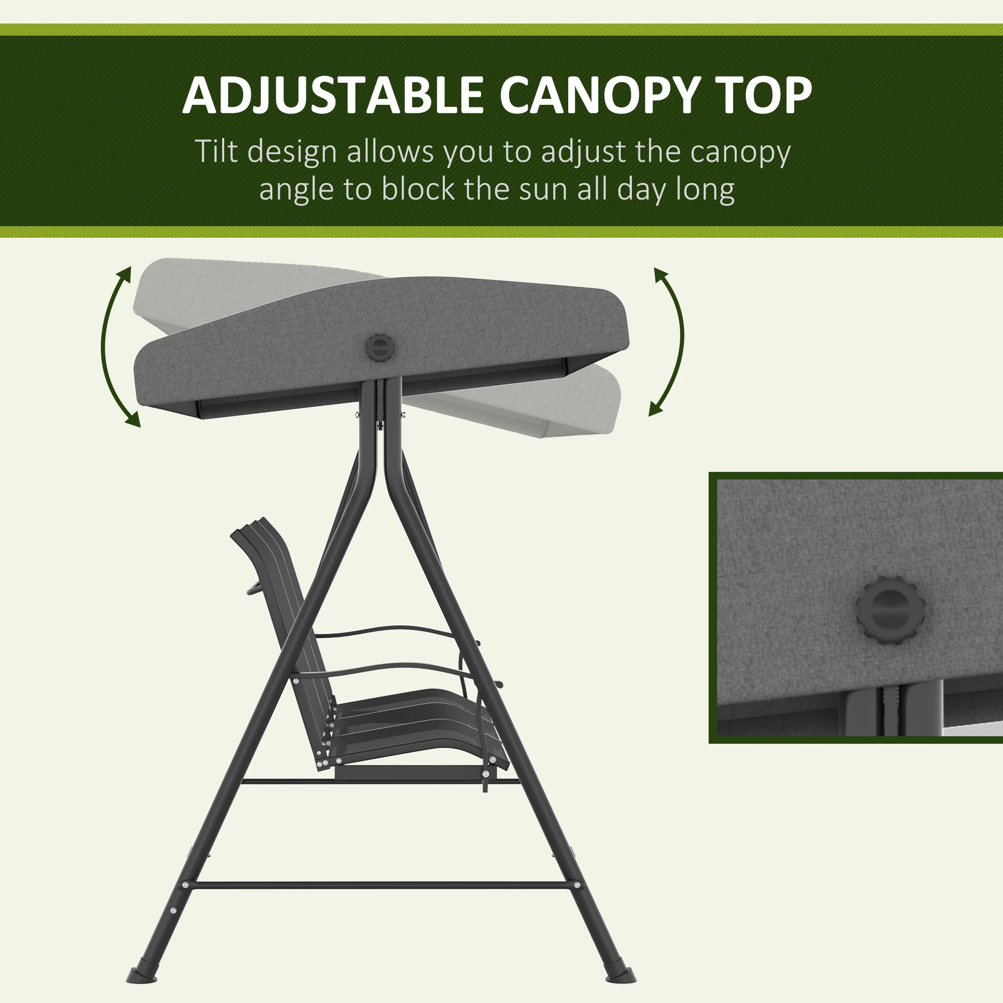 3 Seater Outdoor Swing Chair with Canopy, Metal Porch Swing Bench for Patio, Dark Grey - Image 7