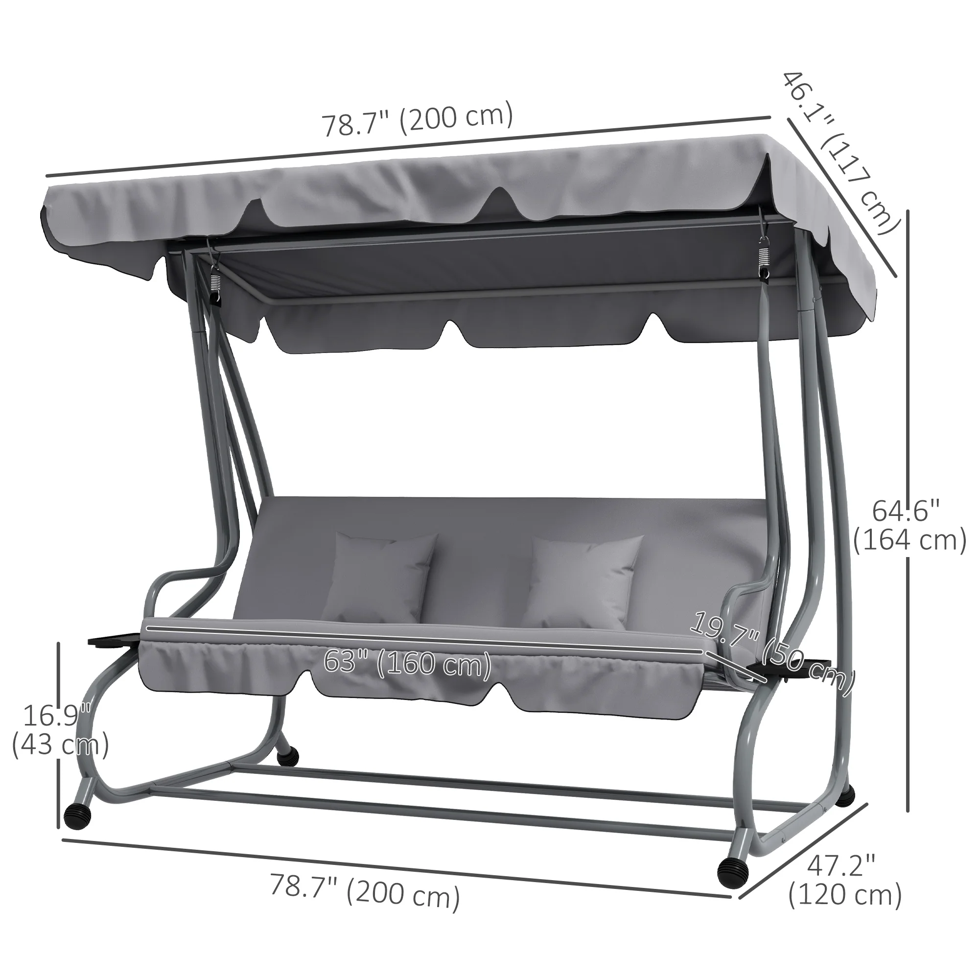 Outdoor 3-Seater Patio Swing Chair with Adjustable Canopy & 2 Pillows, Light Grey - Image 5