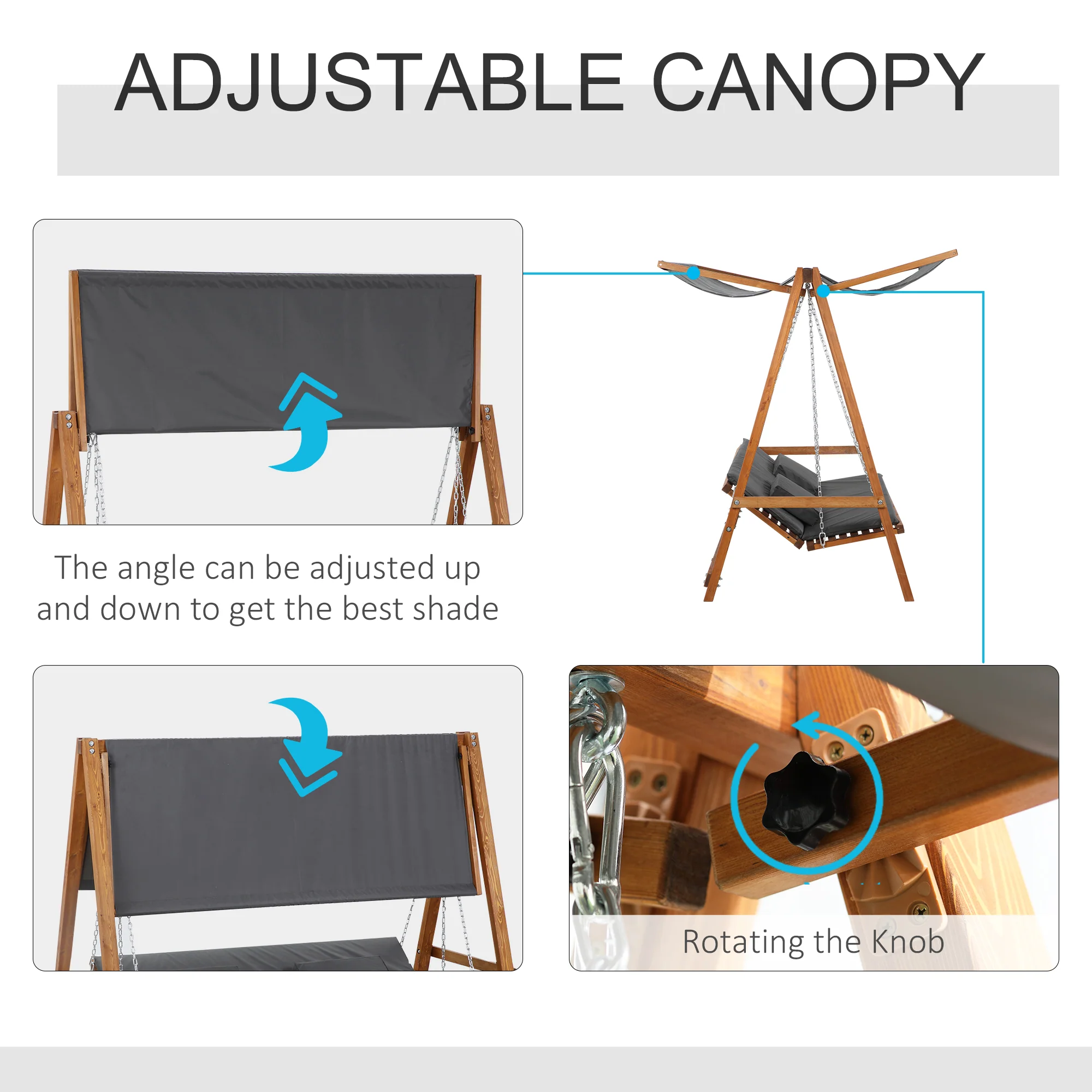 3 Seater Convertible Patio Swing Chair with Cushioned Seat, Canopy & Wood Frame, Grey - Image 7