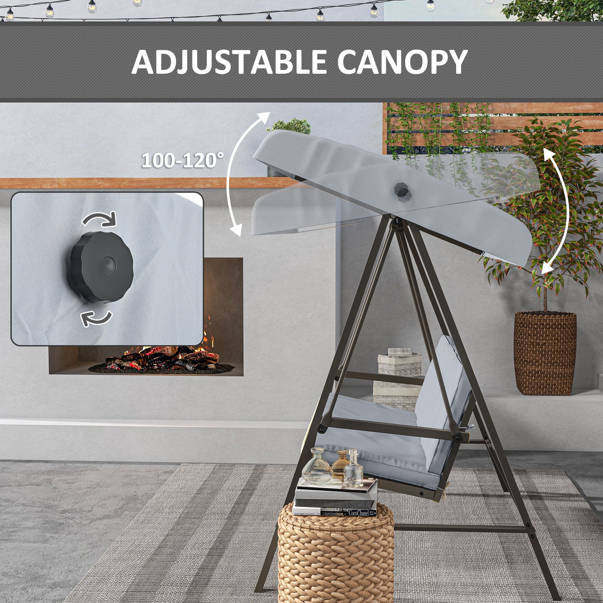 3-Seat Patio Swing Chair with Adjustable Canopy and Removable Cushions for Porch, Light Grey - Image 8