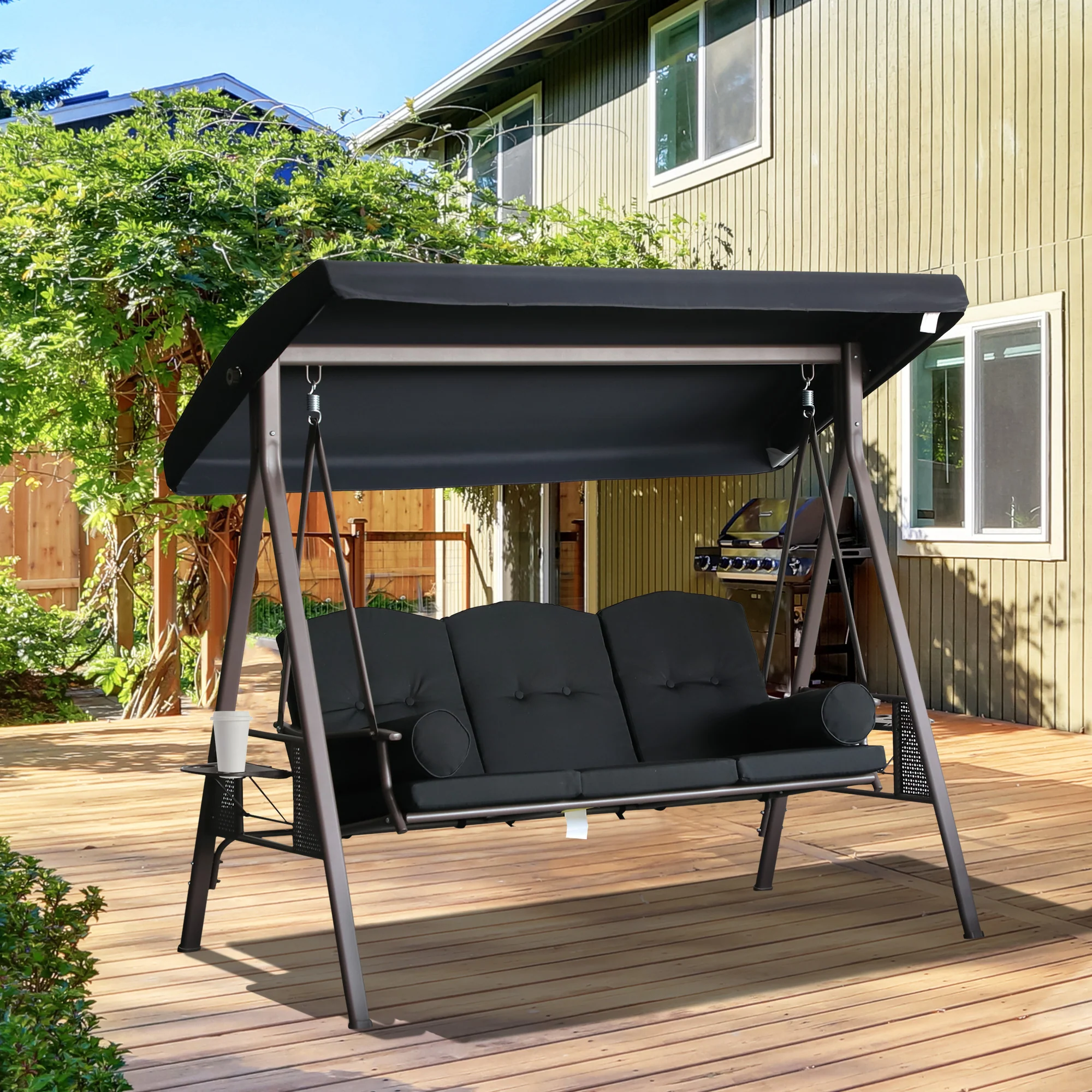3 Seater Porch Swing Chair, Outdoor Lounge Hammock Cushioned Seat w/ Tilt Canopy, Black - Image 3
