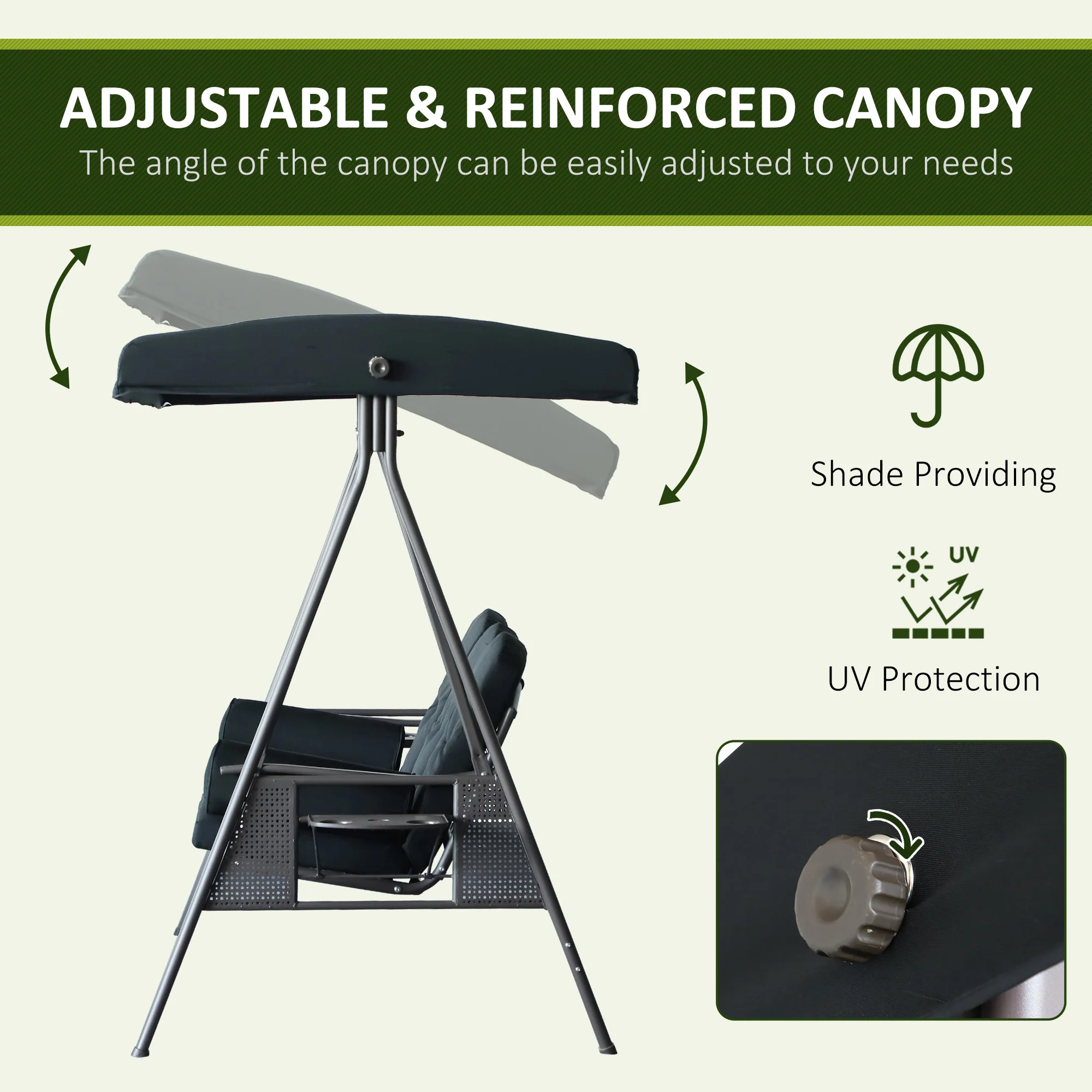 3 Seater Porch Swing Chair, Outdoor Lounge Hammock Cushioned Seat w/ Tilt Canopy, Black - Image 6