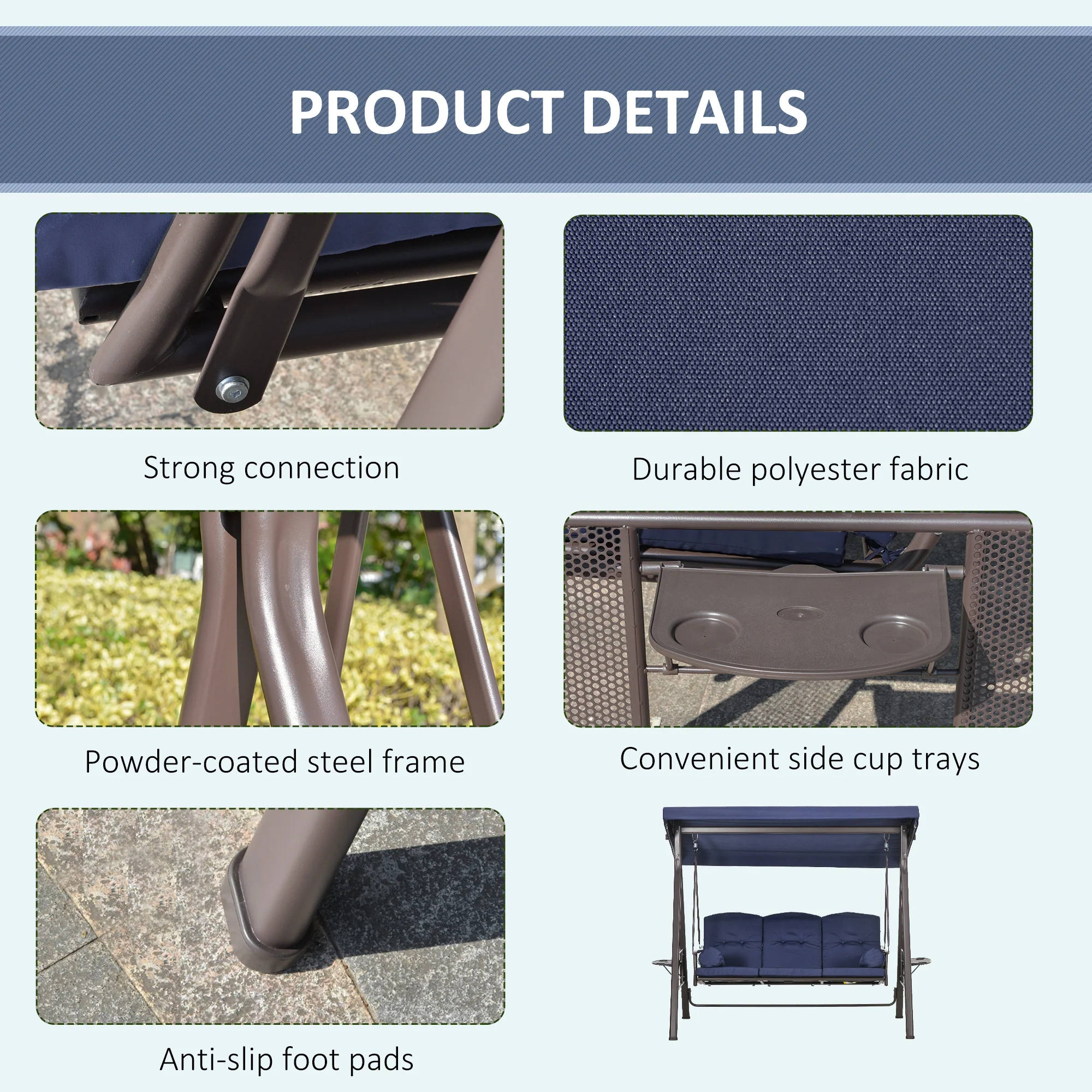 3-Person Outdoor Canopy Cushioned Swing Chair with Included Side Trays, Dark Blue - Image 7
