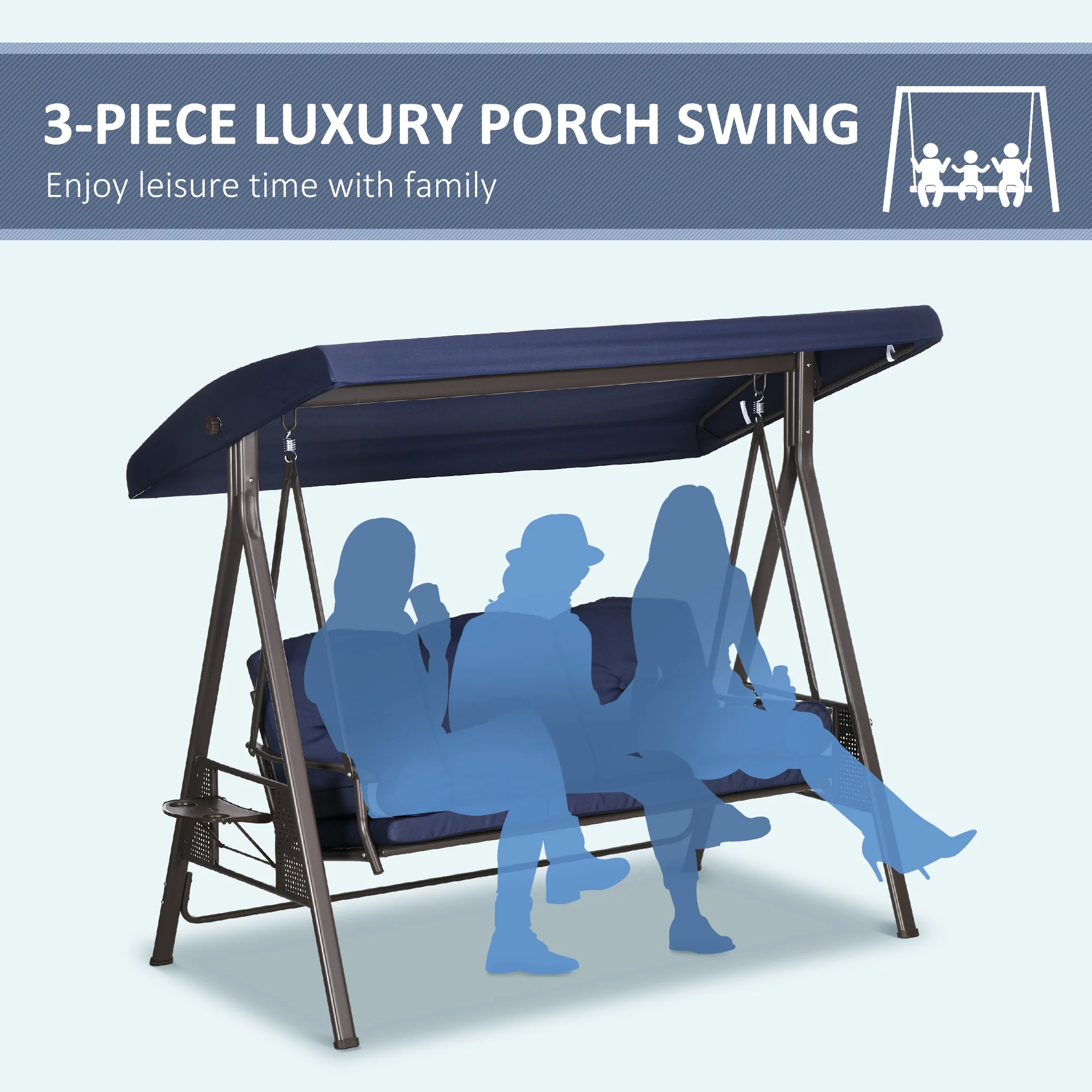 3-Person Outdoor Canopy Cushioned Swing Chair with Included Side Trays, Dark Blue - Image 9