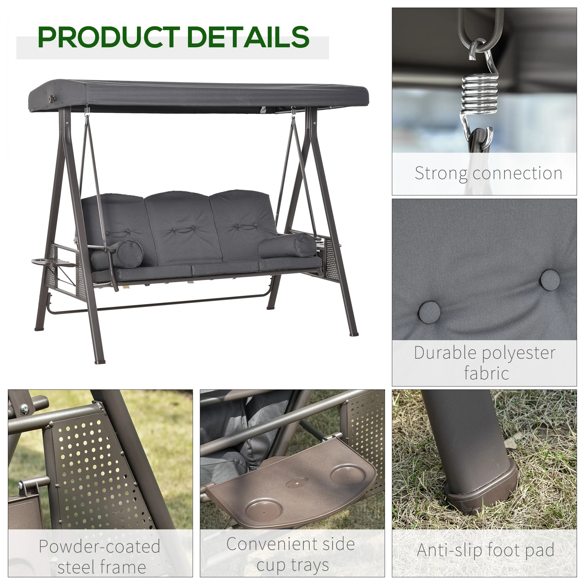 3-Person Outdoor Canopy Cushioned Swing Chair with Included Side Trays, Dark Grey - Image 8