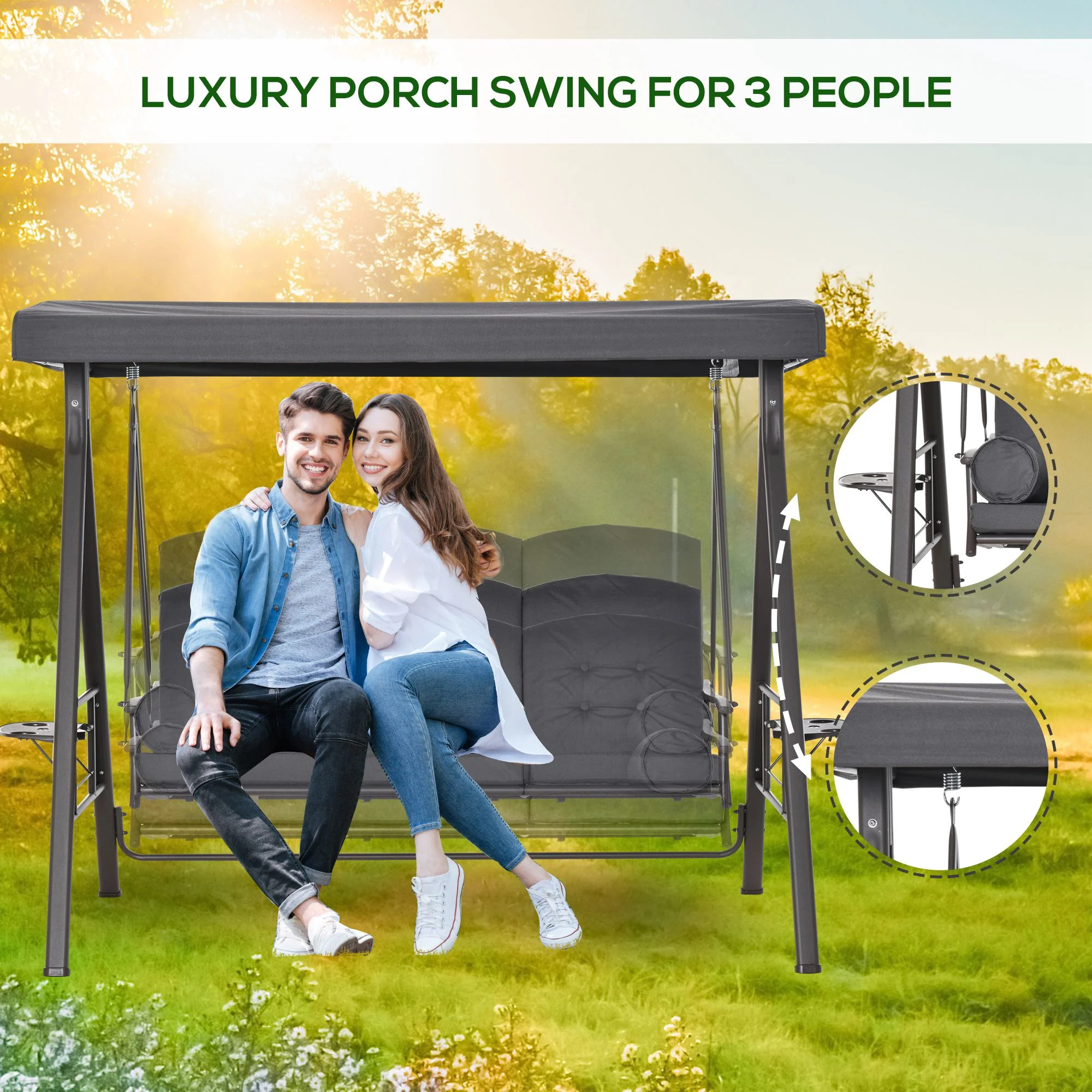 3-Person Outdoor Canopy Cushioned Swing Chair with Included Side Trays, Dark Grey - Image 9