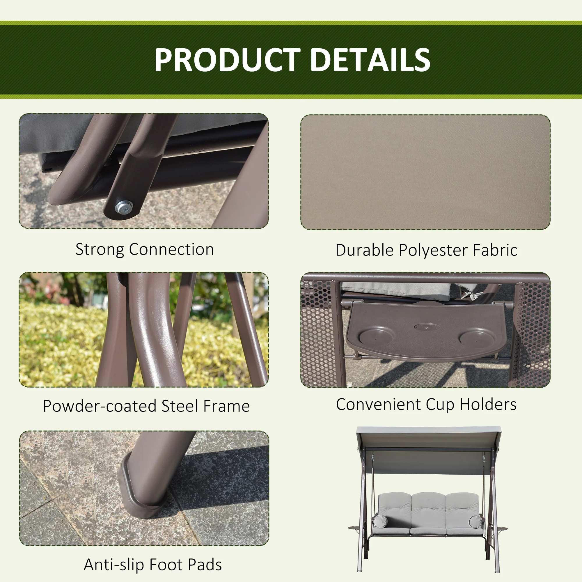 3-Person Outdoor Canopy Cushioned Swing Chair with Included Side Trays, Light Grey - Image 7