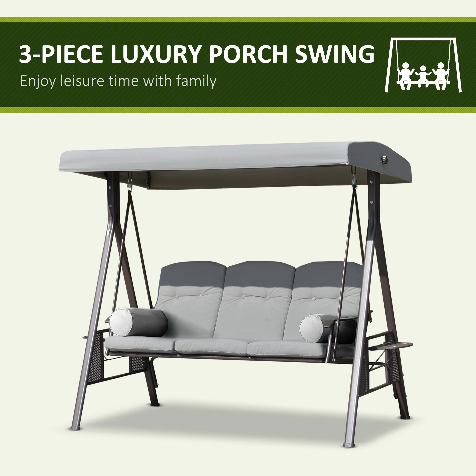 3-Person Outdoor Canopy Cushioned Swing Chair with Included Side Trays, Light Grey - Image 9