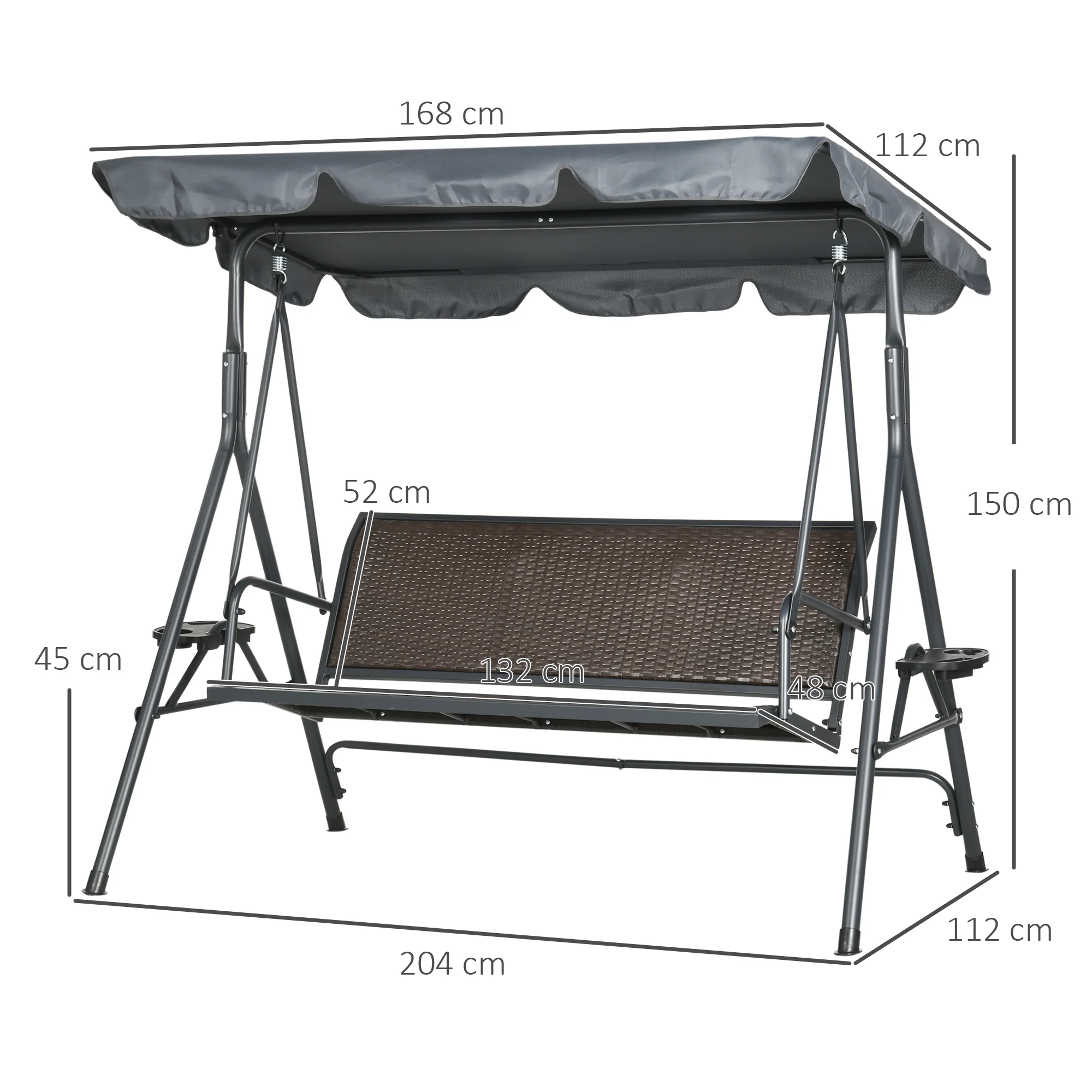 3 Seater Swing Chair, Garden Swing Seat Bench with Adjustable Canopy, Rattan Seat and Steel Frame for Patio, Yard, Dark Grey - Image 5