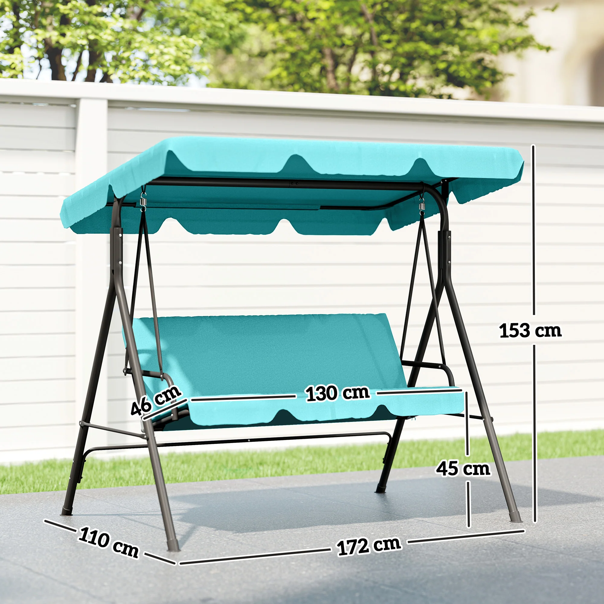 3 Seater Swing Chair with Adjustable Canopy, Garden Swing Seat with Steel Frame, Padded Seat, Blue - Image 5