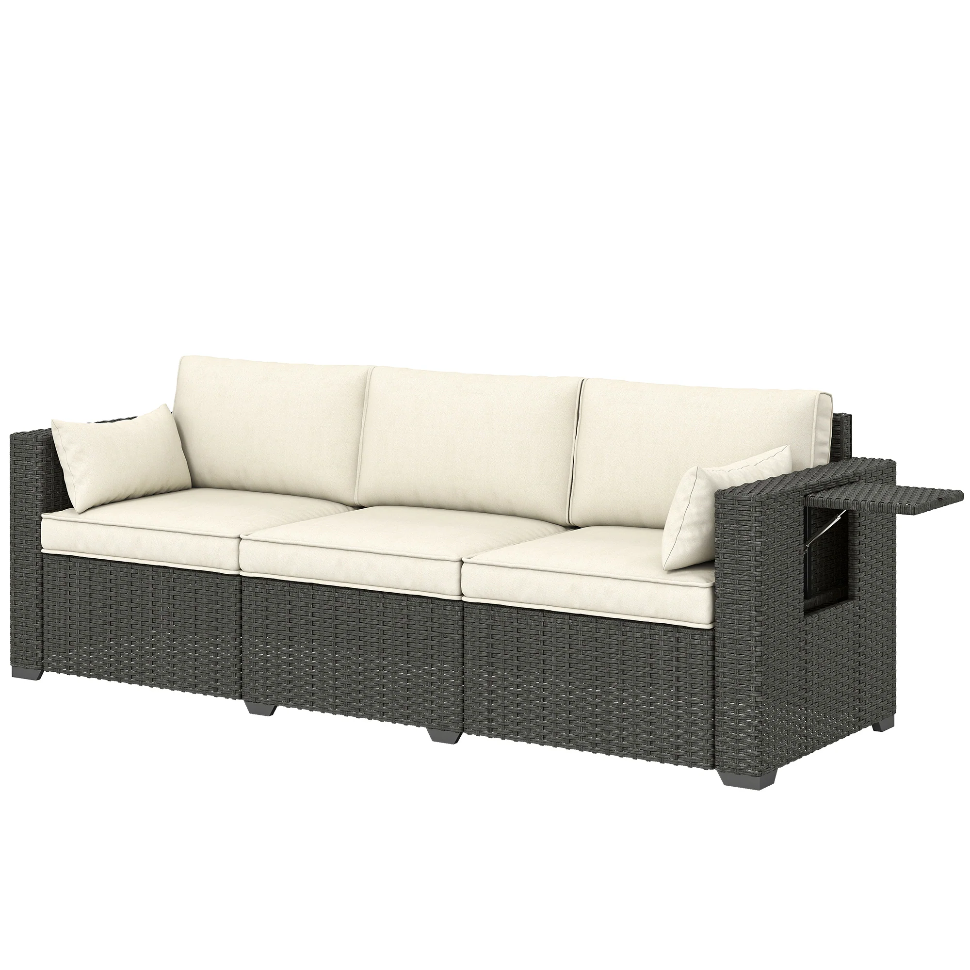 3 Seater Wicker Patio Sofa with Side Trays, Outdoor Couch with 6" Thick Back Cushions, Deep Seating, Cream White
