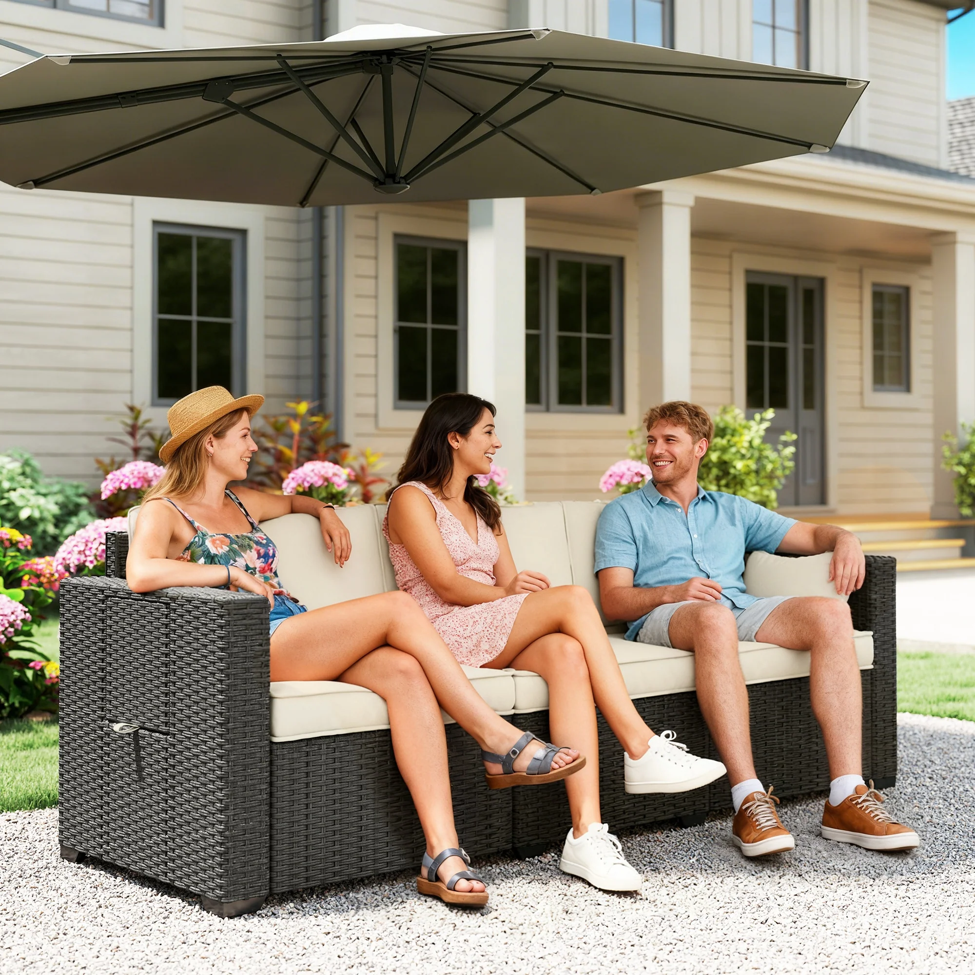 3 Seater Wicker Patio Sofa with Side Trays, Outdoor Couch with 6" Thick Back Cushions, Deep Seating, Cream White - Image 3
