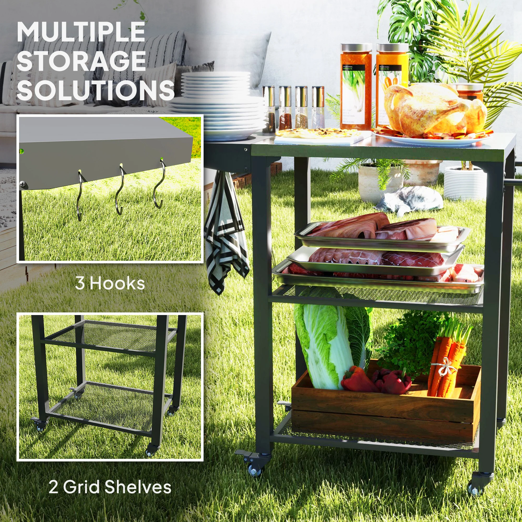 Compact 3-Shelf Grill Cart with Foldable Side Table & Steel Tabletop - Image 8