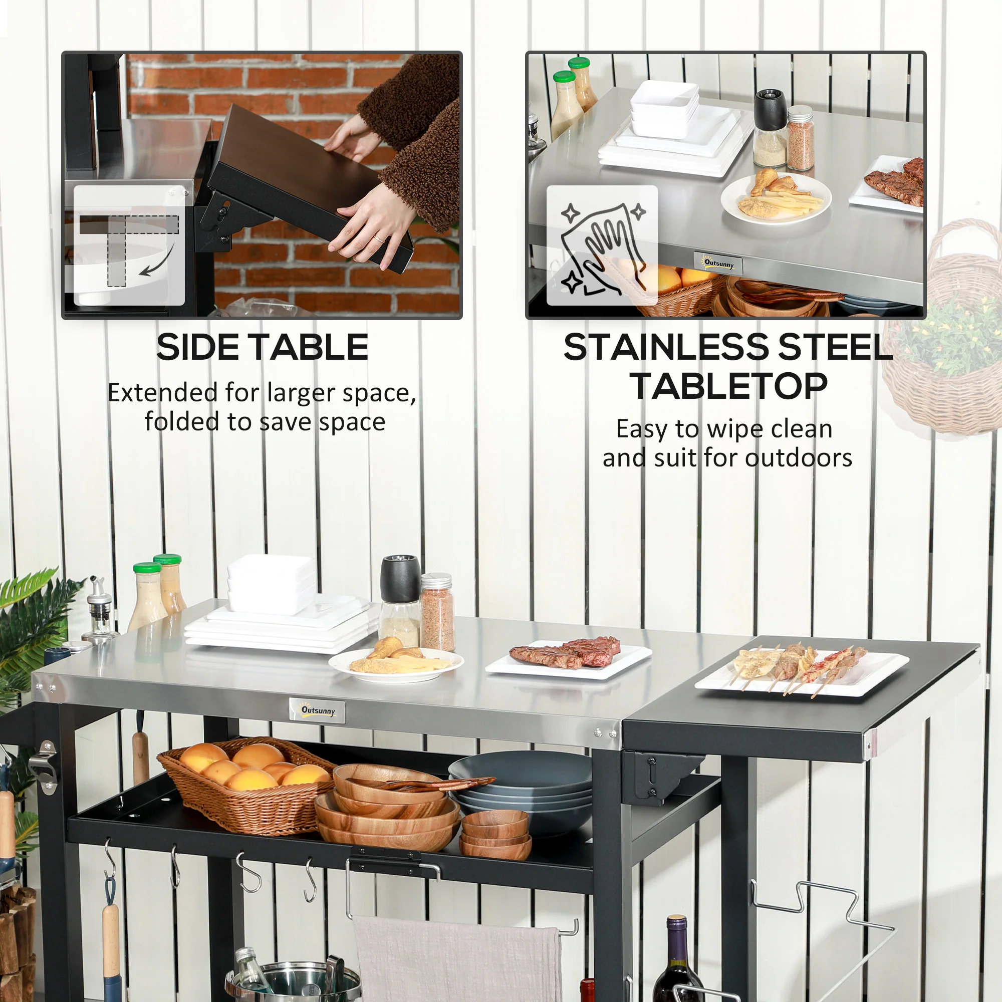 3-Shelf Grill Cart with Stainless Top & Wheels, 46.1" x 21.7", Black - Image 7