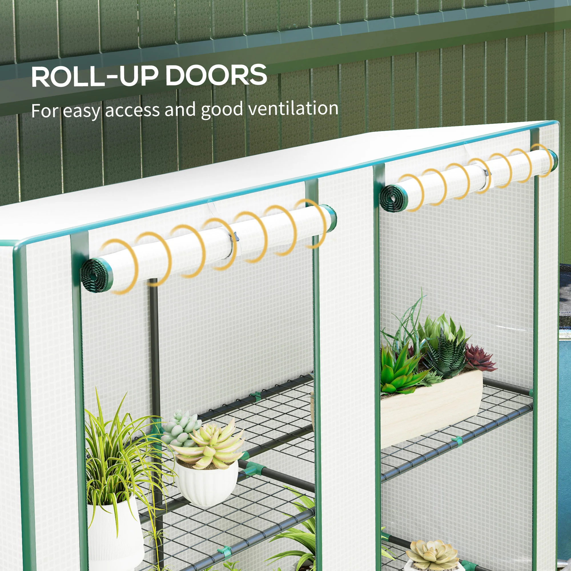 3 Tier Lean-to Mini Greenhouse w/ Reinforced PE Cover & Roll-Up Door, 144x48x152cm, White - Image 8