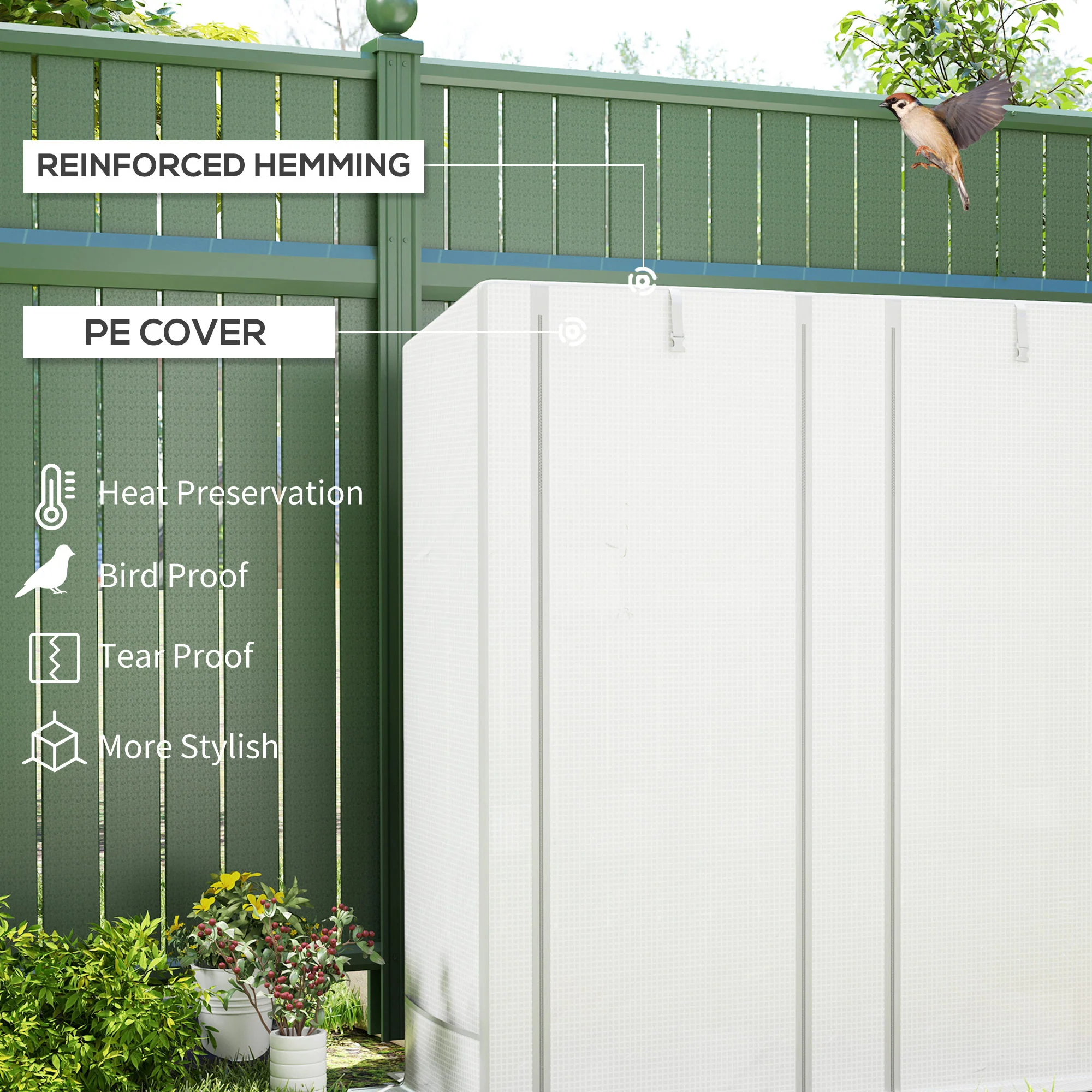 3 Tier Lean-to Mini Greenhouse w/ Reinforced PE Cover & Roll-Up Door, 144x48x152cm, White - Image 6