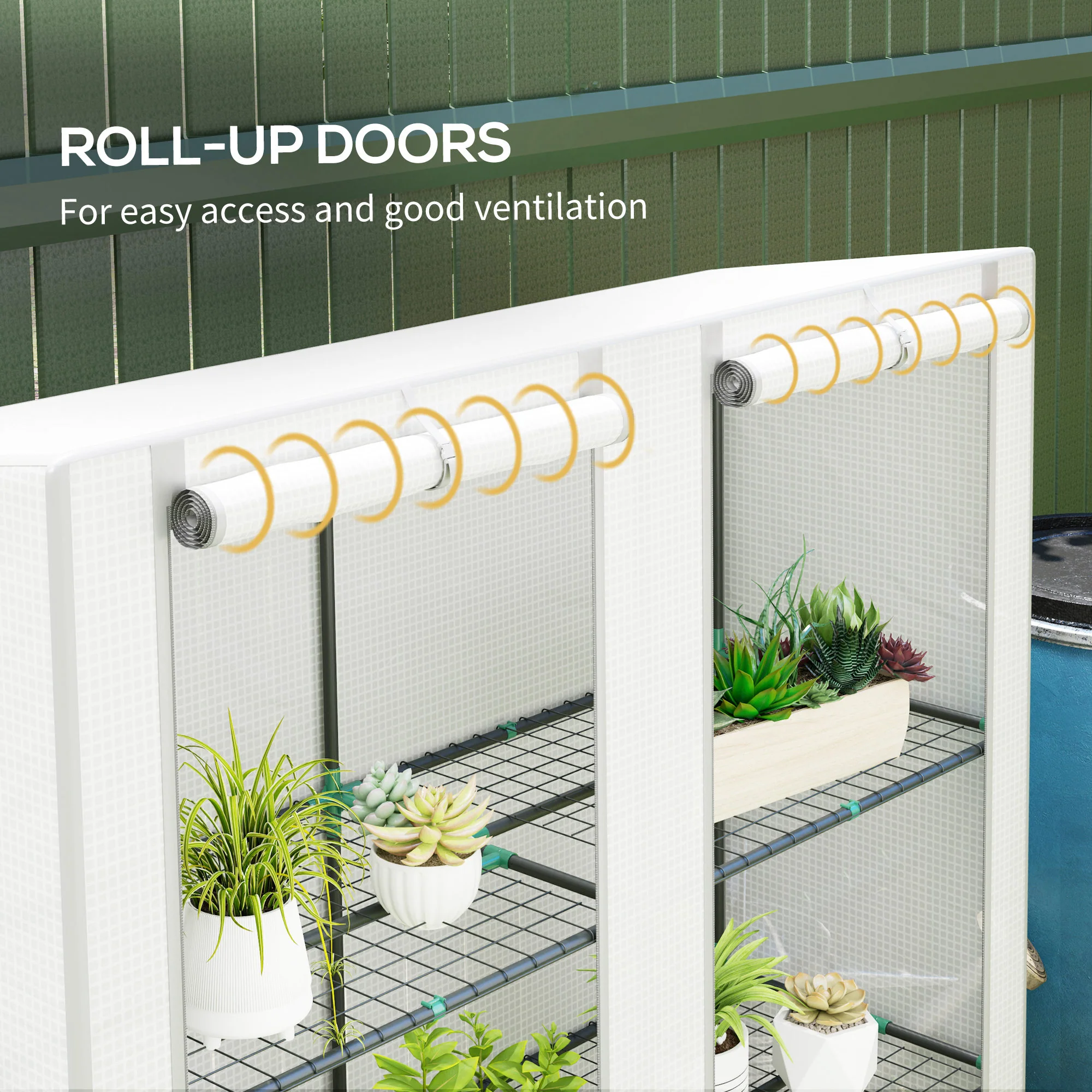 3 Tier Lean-to Mini Greenhouse w/ Reinforced PE Cover & Roll-Up Door, 144x48x152cm, White - Image 8