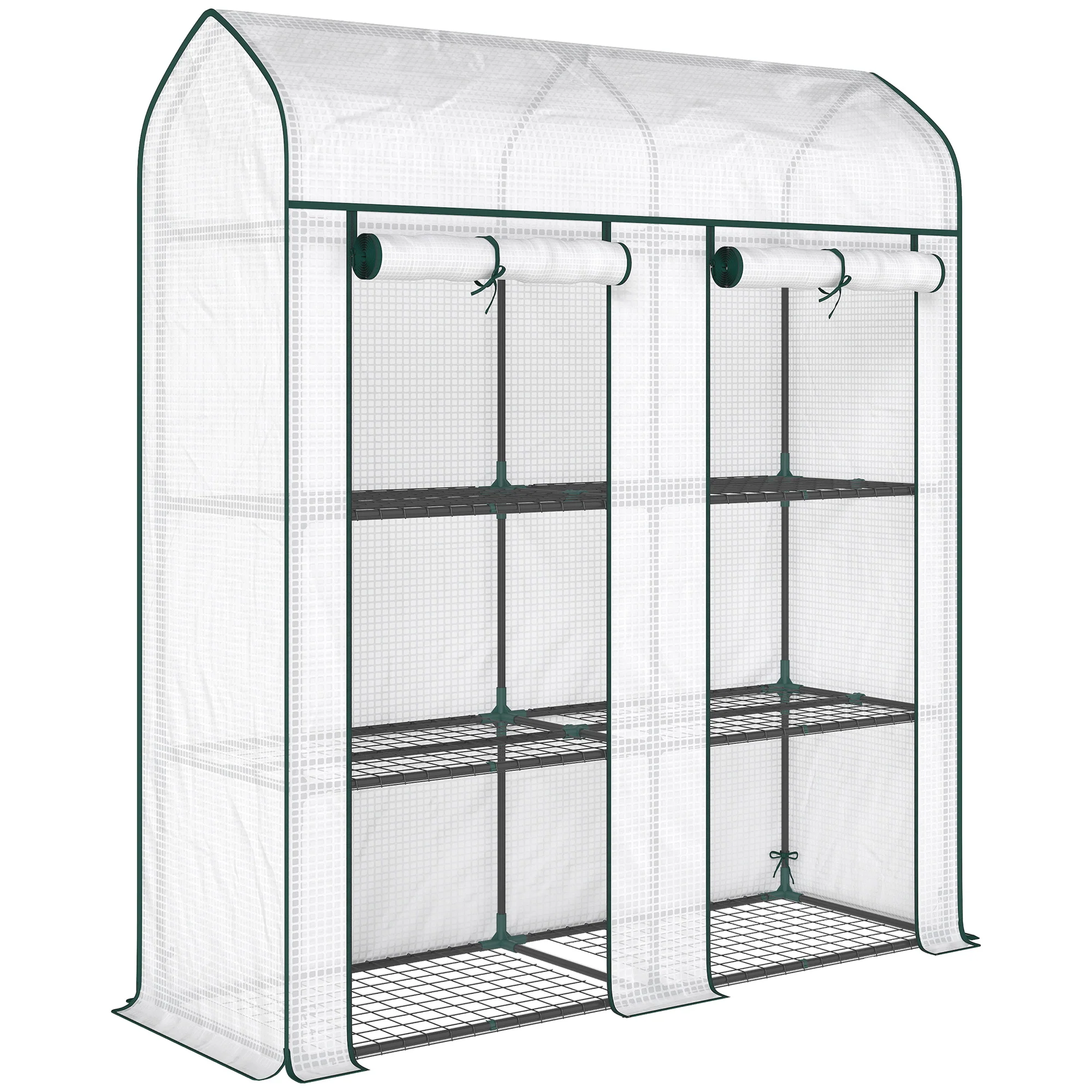 3 Tier Mini Greenhouse, 56.3" x 18.1" x 65" Small Portable Greenhouse with 2 Roll-up Doors, Garden Plant Growhouse with PE Cover for Indoor Outdoor, White - Image 12