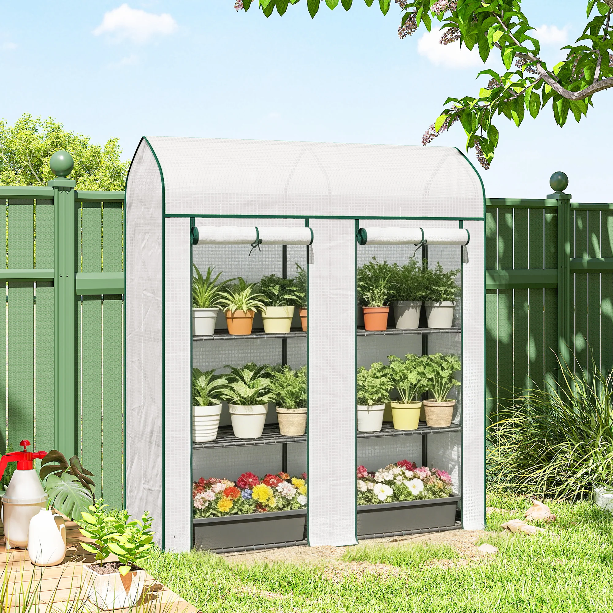 3 Tier Mini Greenhouse, 56.3" x 18.1" x 65" Small Portable Greenhouse with 2 Roll-up Doors, Garden Plant Growhouse with PE Cover for Indoor Outdoor, White - Image 4