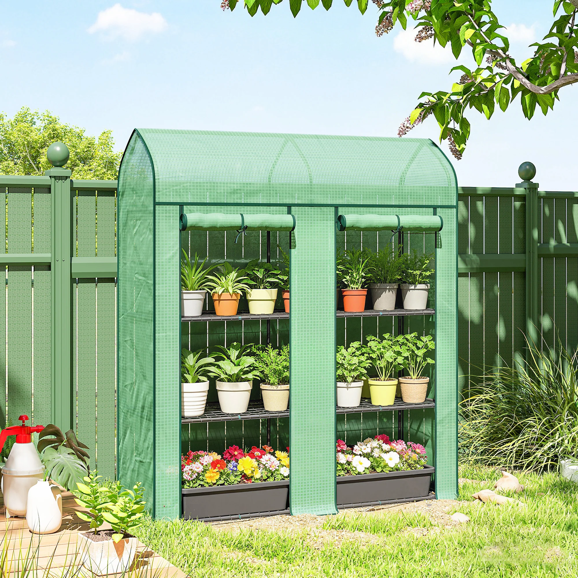 3 Tier Mini Greenhouse, 56.3" x 18.1" x 65" Small Portable Greenhouse with 2 Roll-up Doors, Garden Plant Growhouse with PE Cover for Indoor Outdoor, Green - Image 4