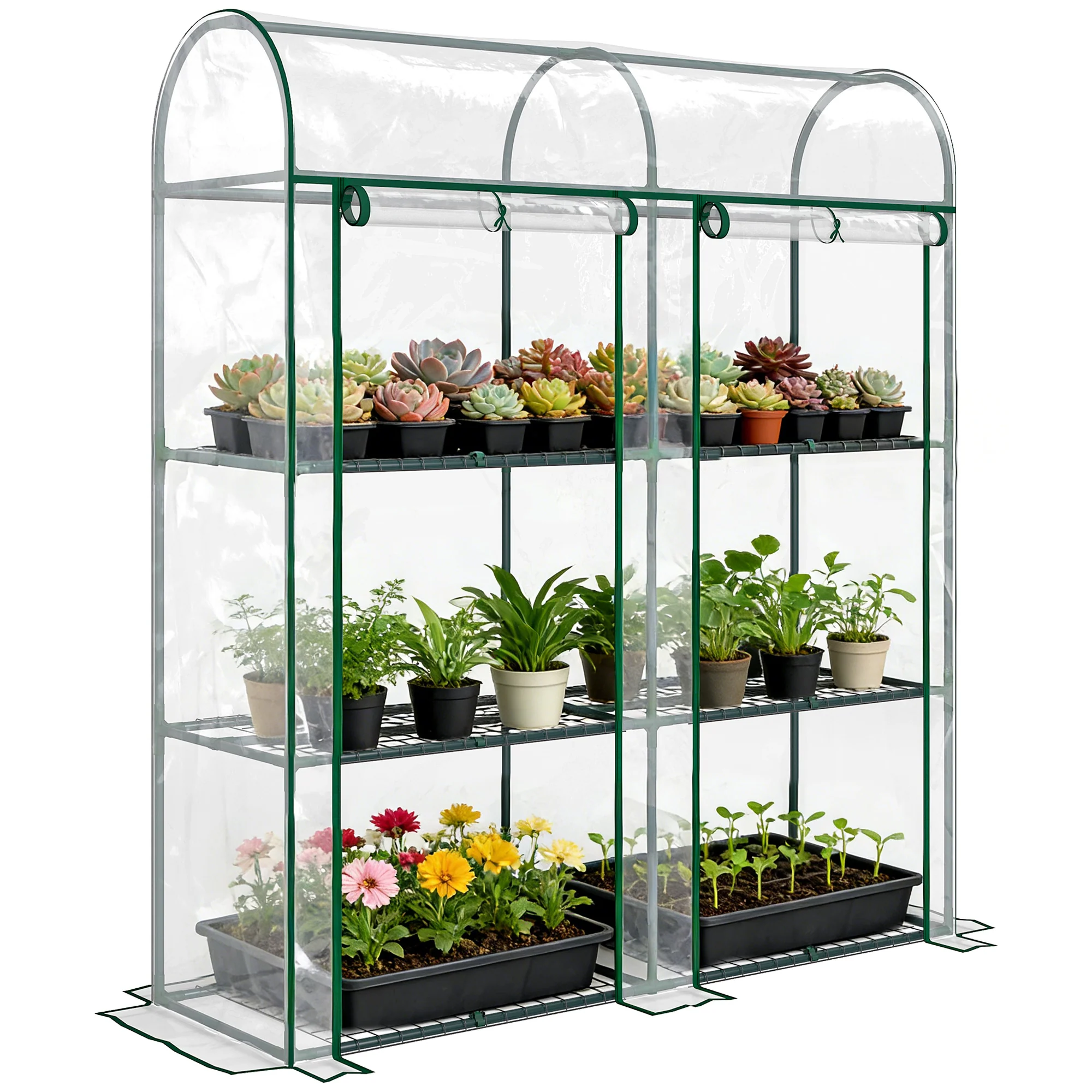 3 Tier Mini Greenhouse, Portable Greenhouse with 2 Roll-up Doors, 56.3" x 18.1" x 64.6", Clear