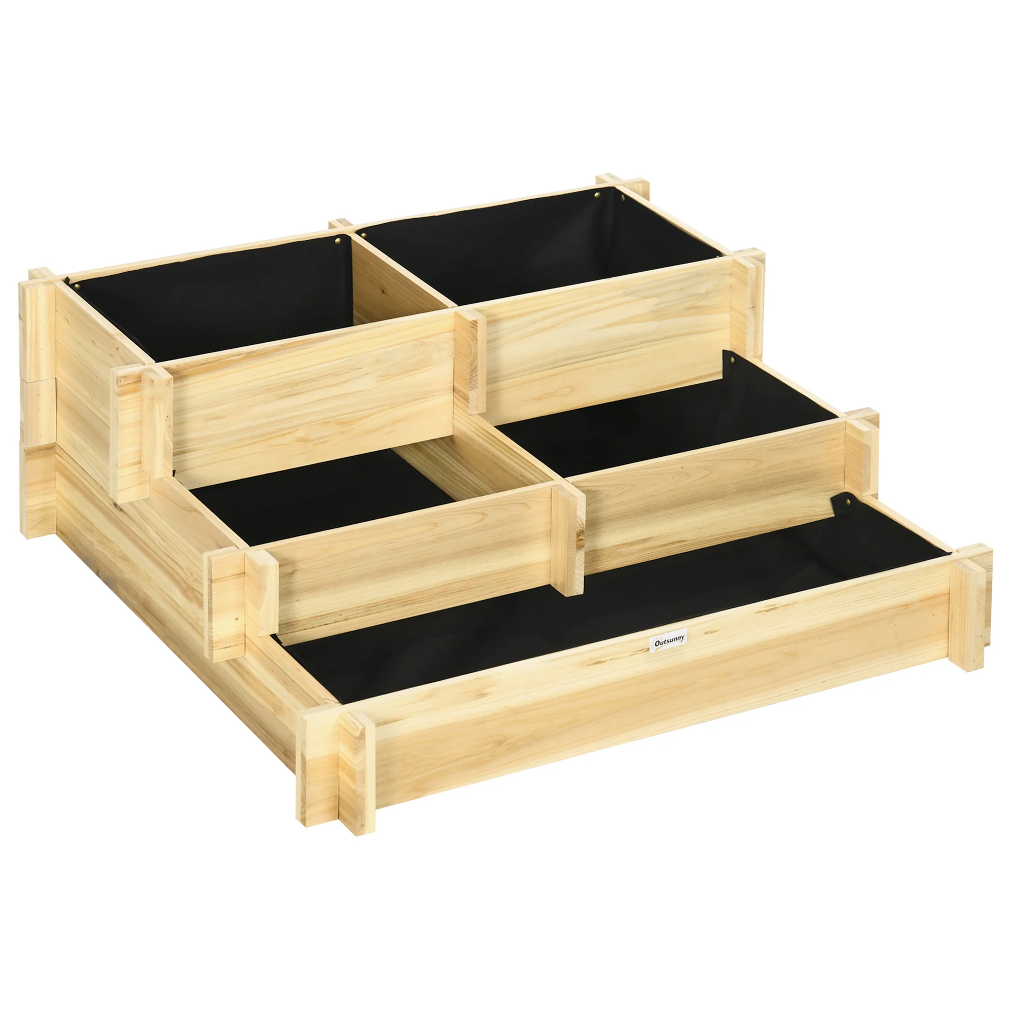 3-Tier Raised Garden Bed with 5 Compartments and Bed Liner, Fir Wood Elevated Planter Box, for Vegetables, Herbs, Outdoor Plants, 37 x 37 x 14in, Natural - Image 2
