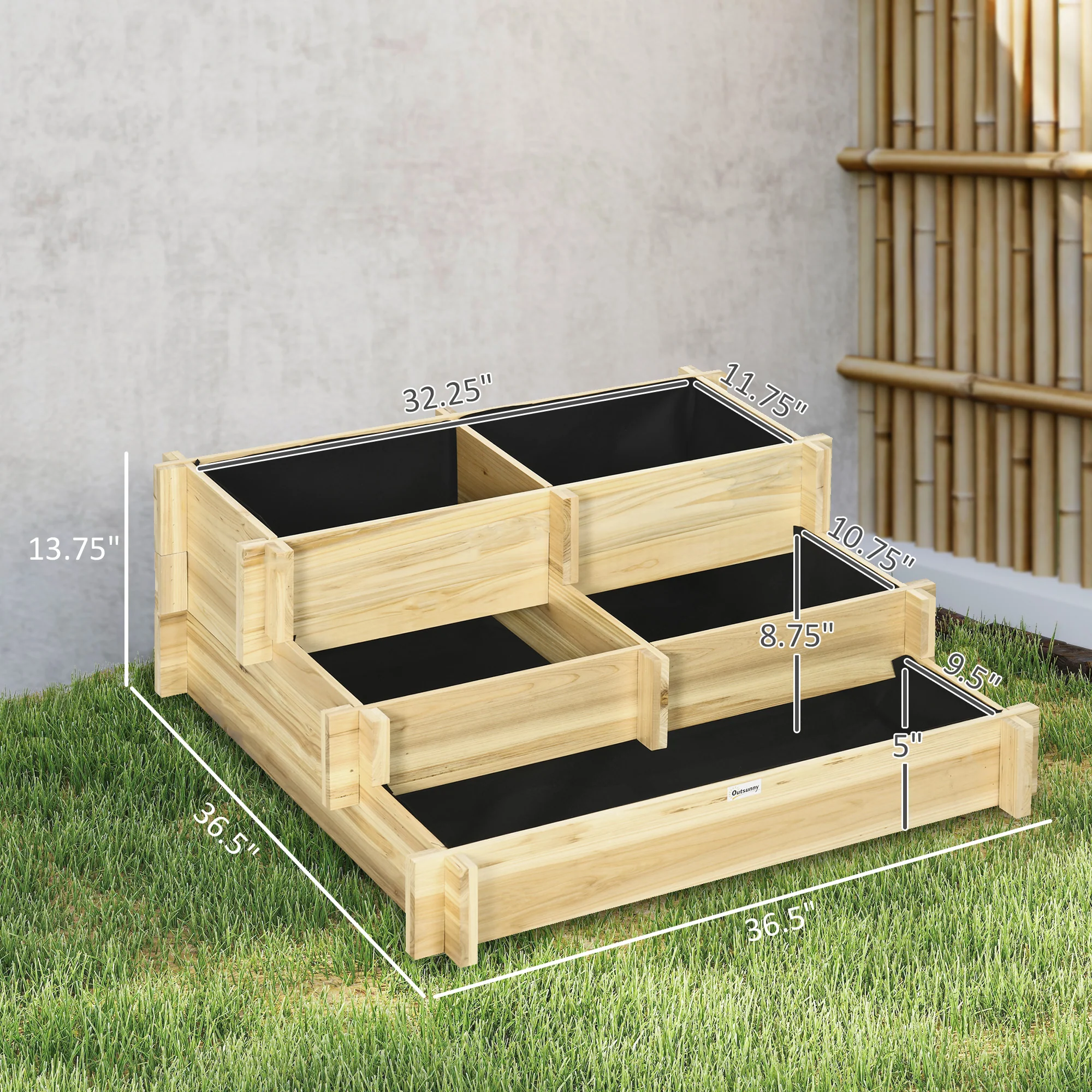 3-Tier Raised Garden Bed with 5 Compartments and Bed Liner, Fir Wood Elevated Planter Box, for Vegetables, Herbs, Outdoor Plants, 37 x 37 x 14in, Natural - Image 5
