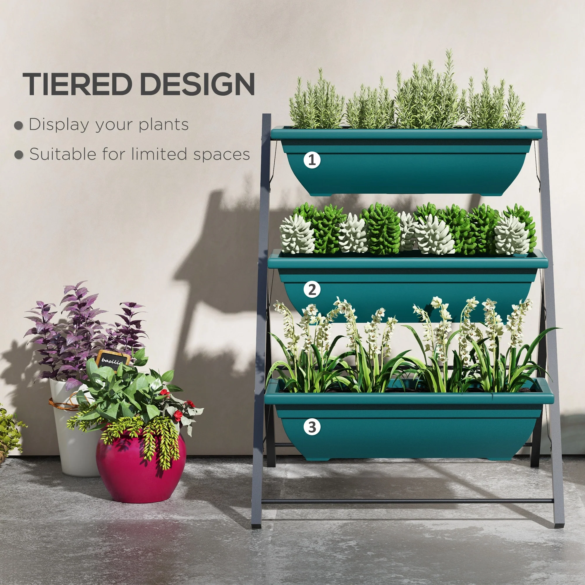 3-Tier Vertical Garden Bed with 3 Planters and Drainage Holes, Green - Image 6